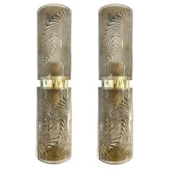 Modern Italian Pair of Smoked Frosted Murano Glass & Brass Wall / Ceiling Lights