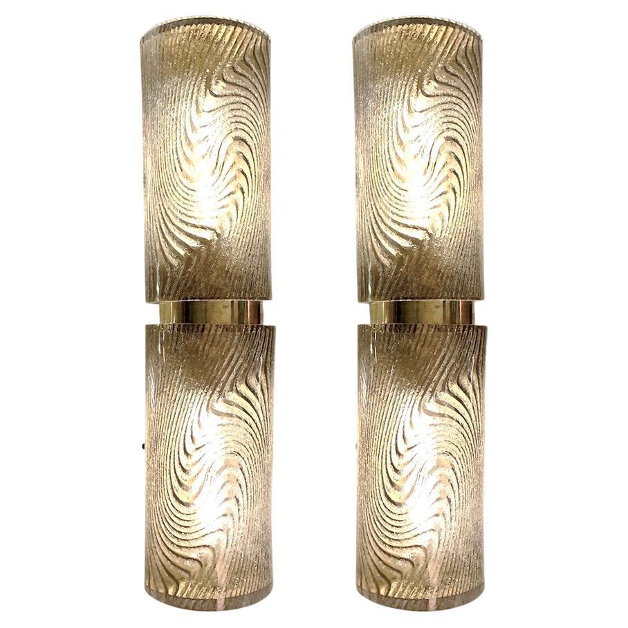 Modern Italian Pair of Smoked Frosted Murano Glass & Brass Wall / Ceiling Lights For Sale