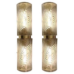 Pareja italiana moderna de apliques/plafones de latón y cristal de Murano esmerilado ahumado