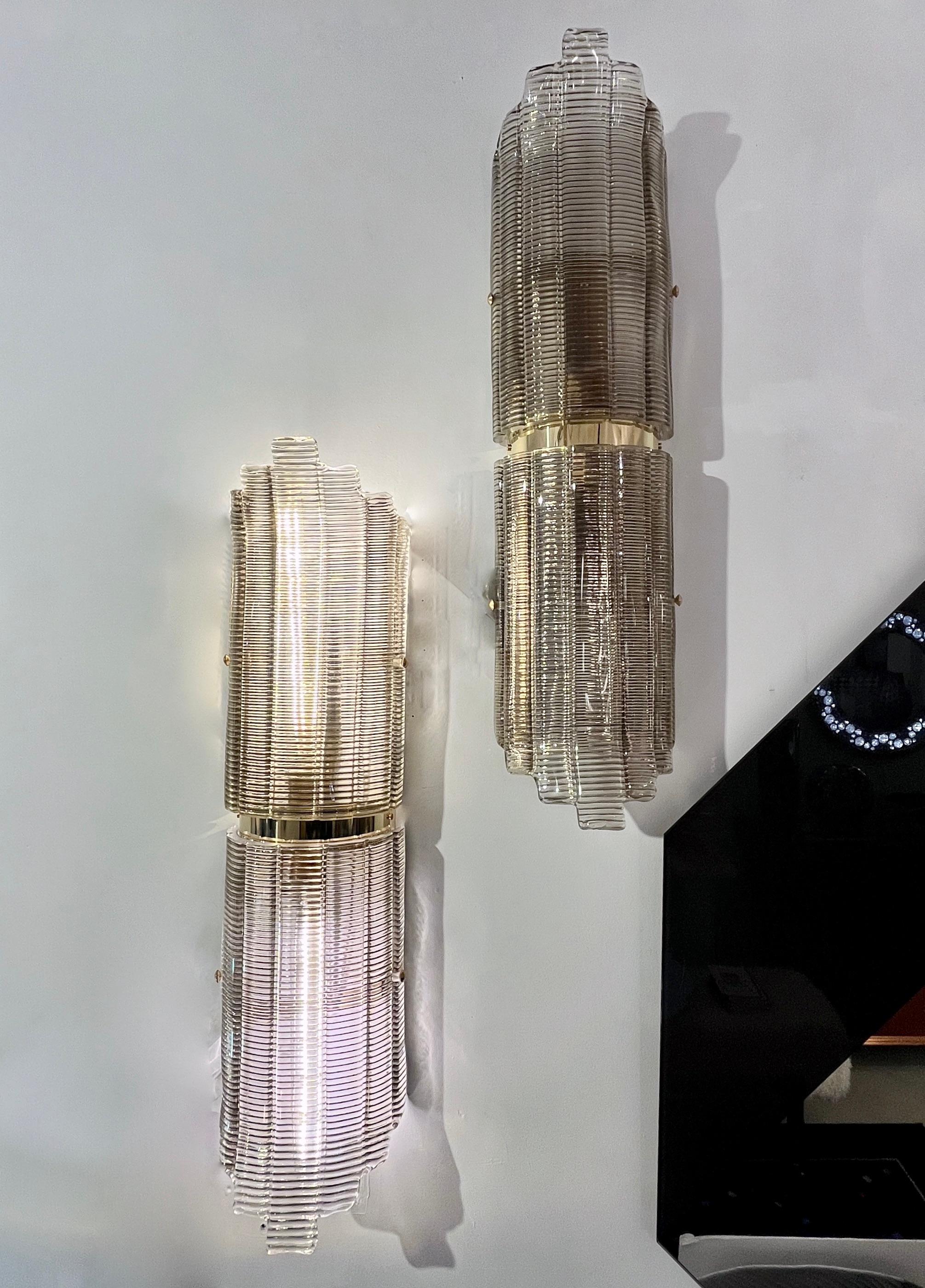 Coppia di lampade da parete/soffitto in ottone con vetro di Murano fumé in vendita 2