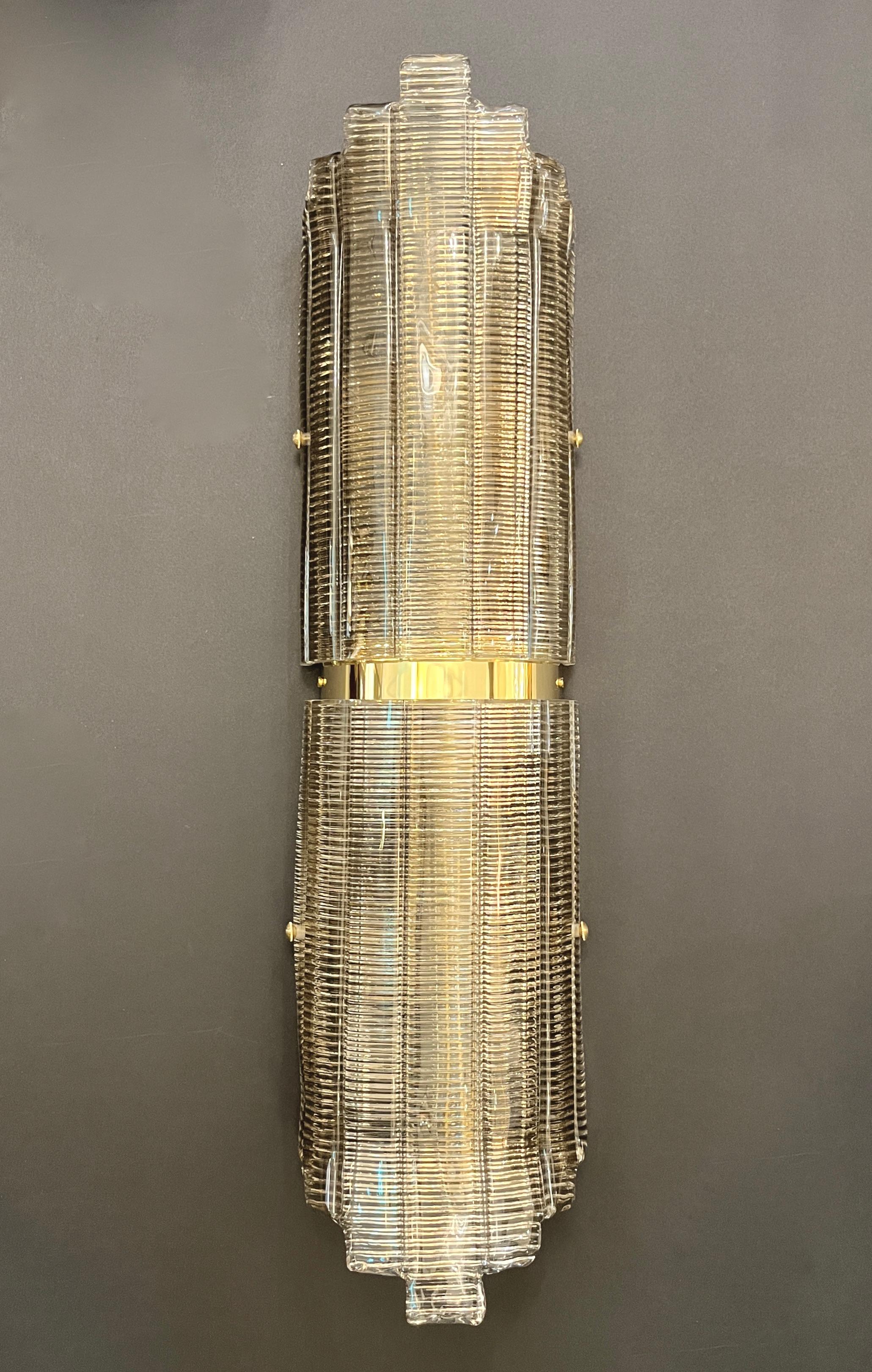 Coppia di lampade da parete/soffitto in ottone con vetro di Murano fumé in vendita 5