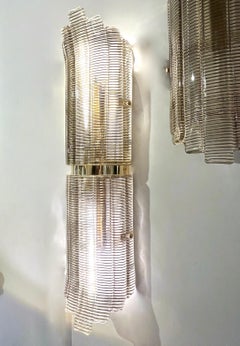 Modern Italian Pair of Smoked Texture Murano Glass Brass Wall / Ceiling Lights