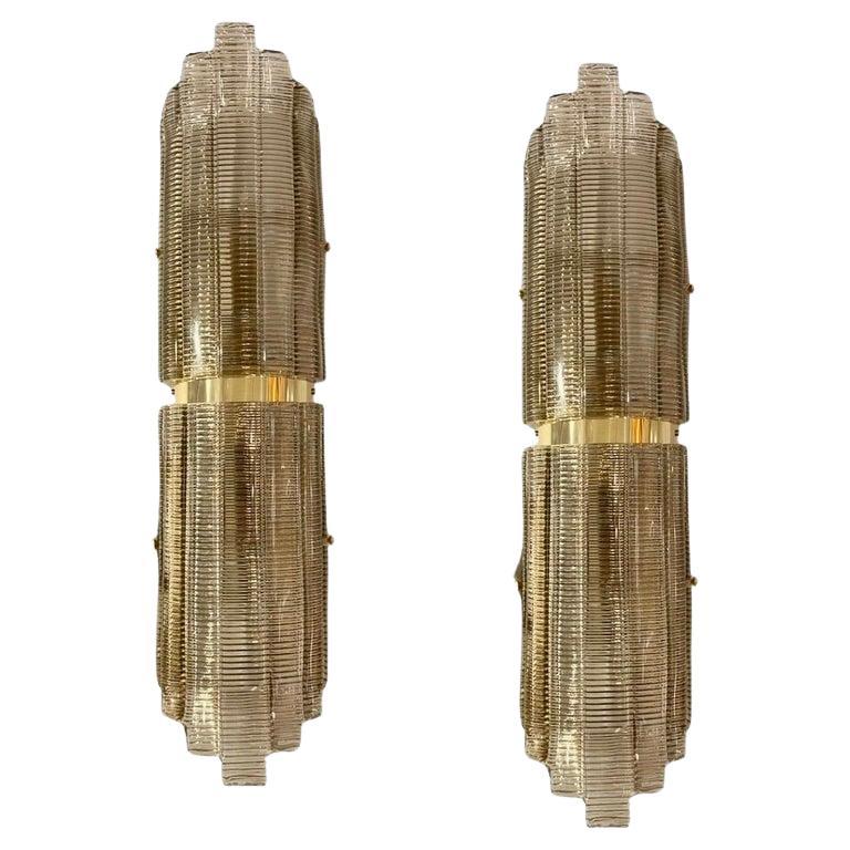 Modern Italian Pair of Smoked Texture Murano Glass Brass Wall / Ceiling Lights