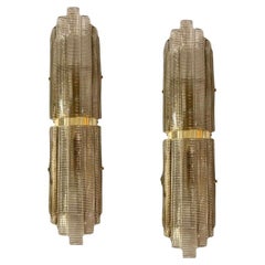 Modern Italian Pair of Smoked Texture Murano Glass Brass Wall / Ceiling Lights