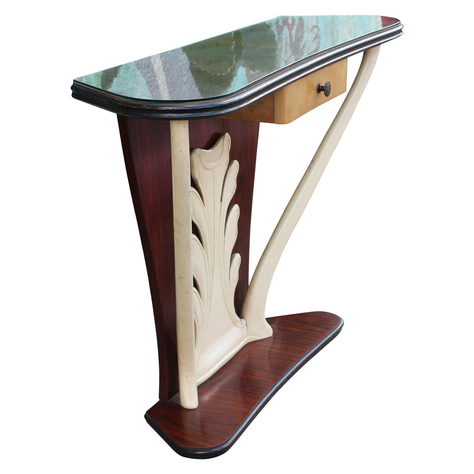 Gorgeous two-tone modern Italian console table with glass top. In the style of Paolo Buffa.