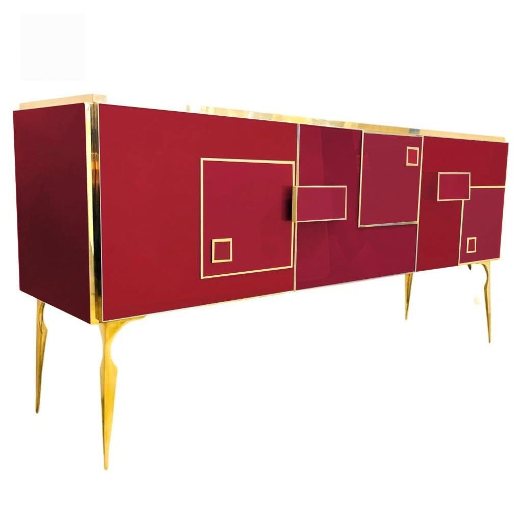 Aparador moderno italiano de cristal rosa púrpura geométrico postmoderno de latón Latón en venta