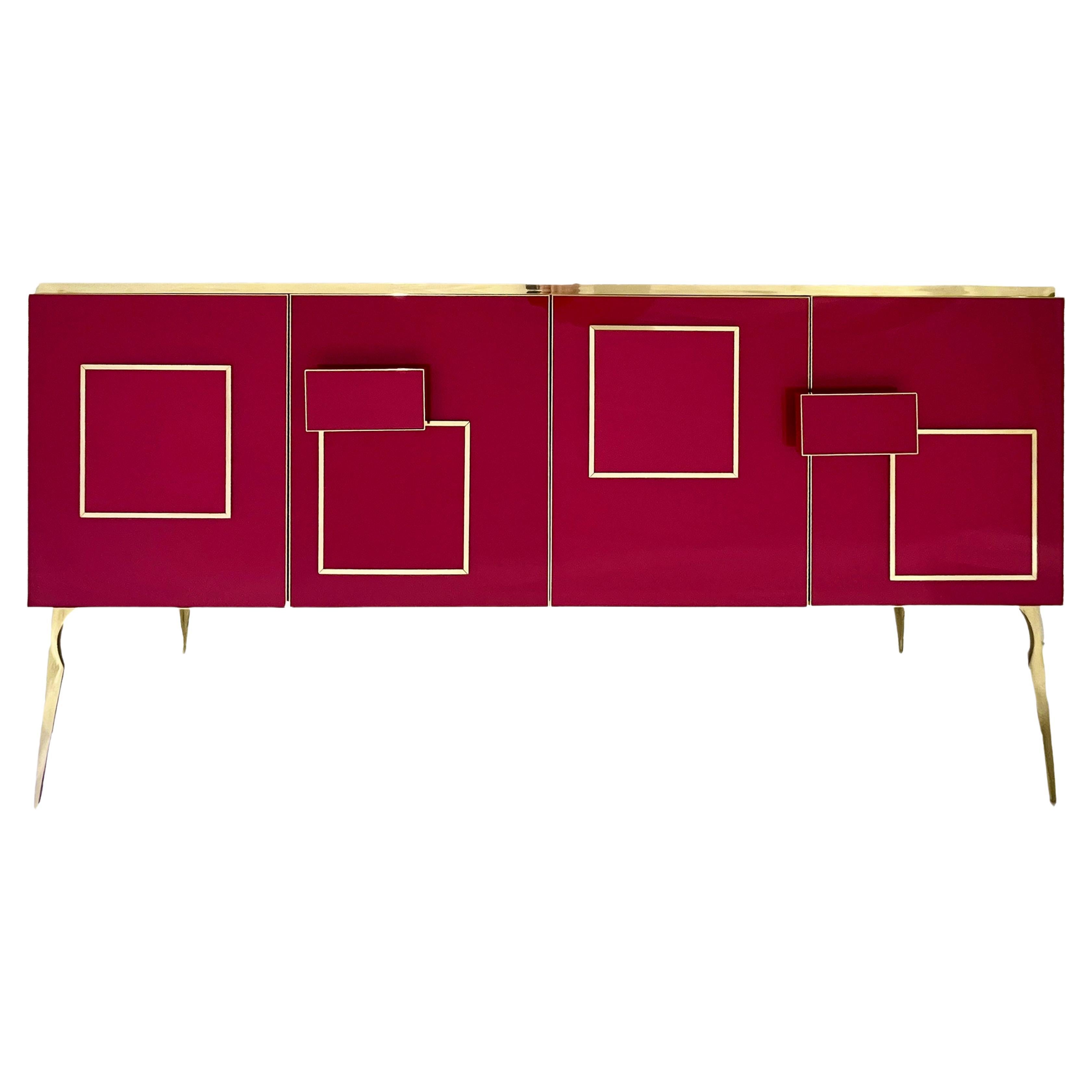 Modern Italian Pink Purple Glass Geometric Postmodern Brass Cabinet Sideboard