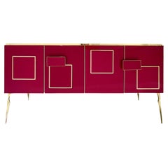 Modern Italian Pink Purple Glass Geometric Postmodern Brass Cabinet Sideboard