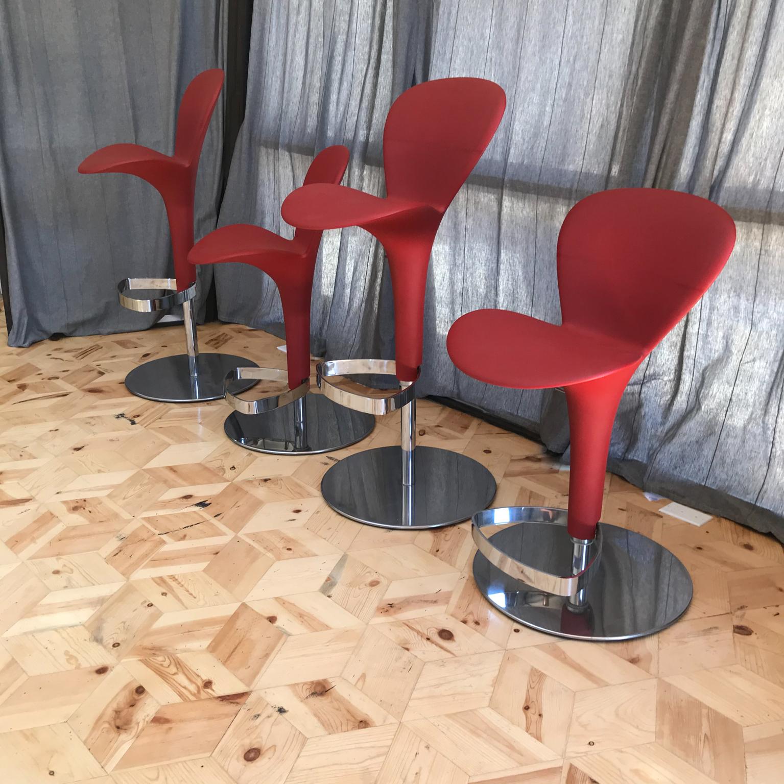 Contemporary Italy Four Red Bar Stools by Tonin Casa Oslo Petal Freeform adjustable height