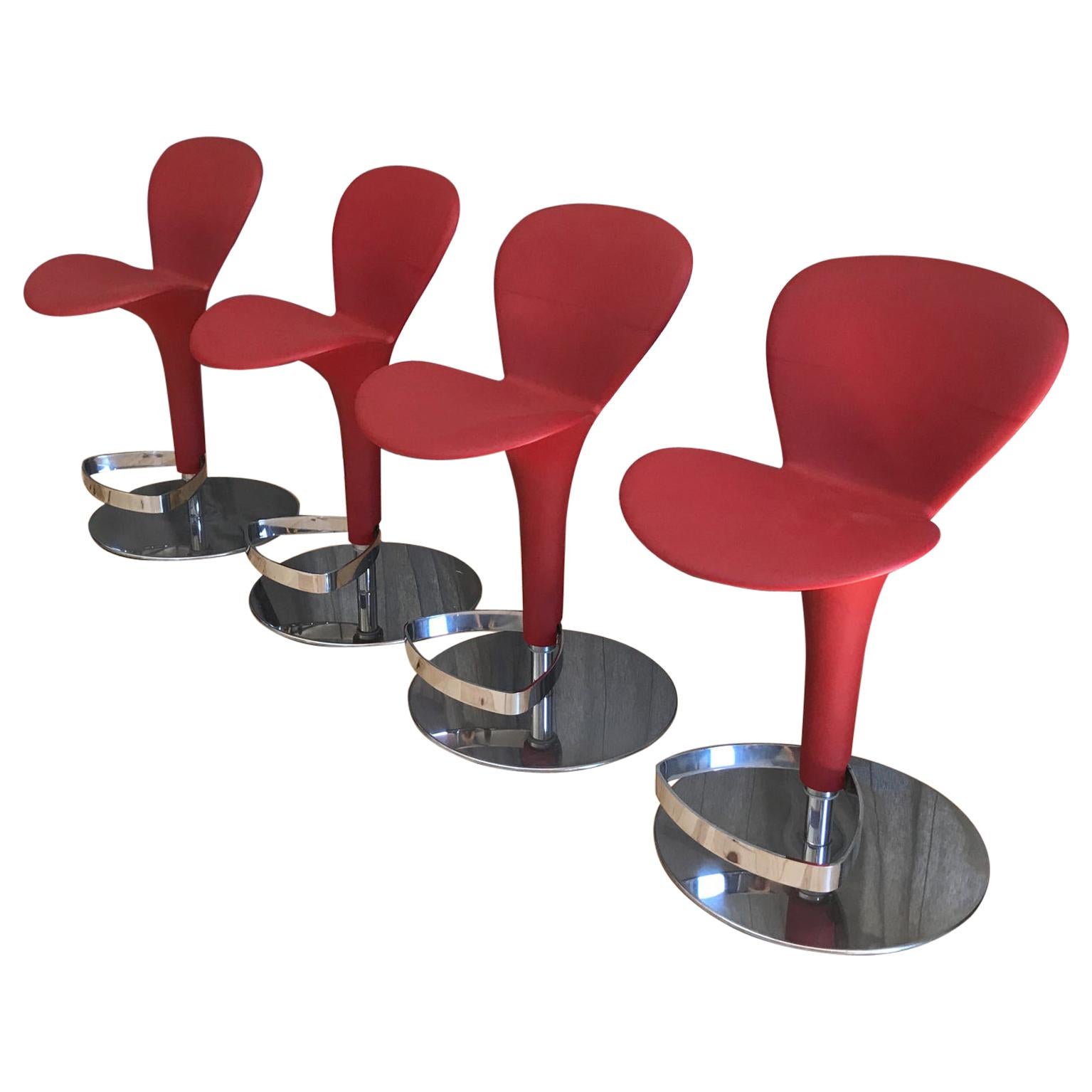 Italy Four Red Bar Stools by Tonin Casa Oslo Petal Freeform adjustable height