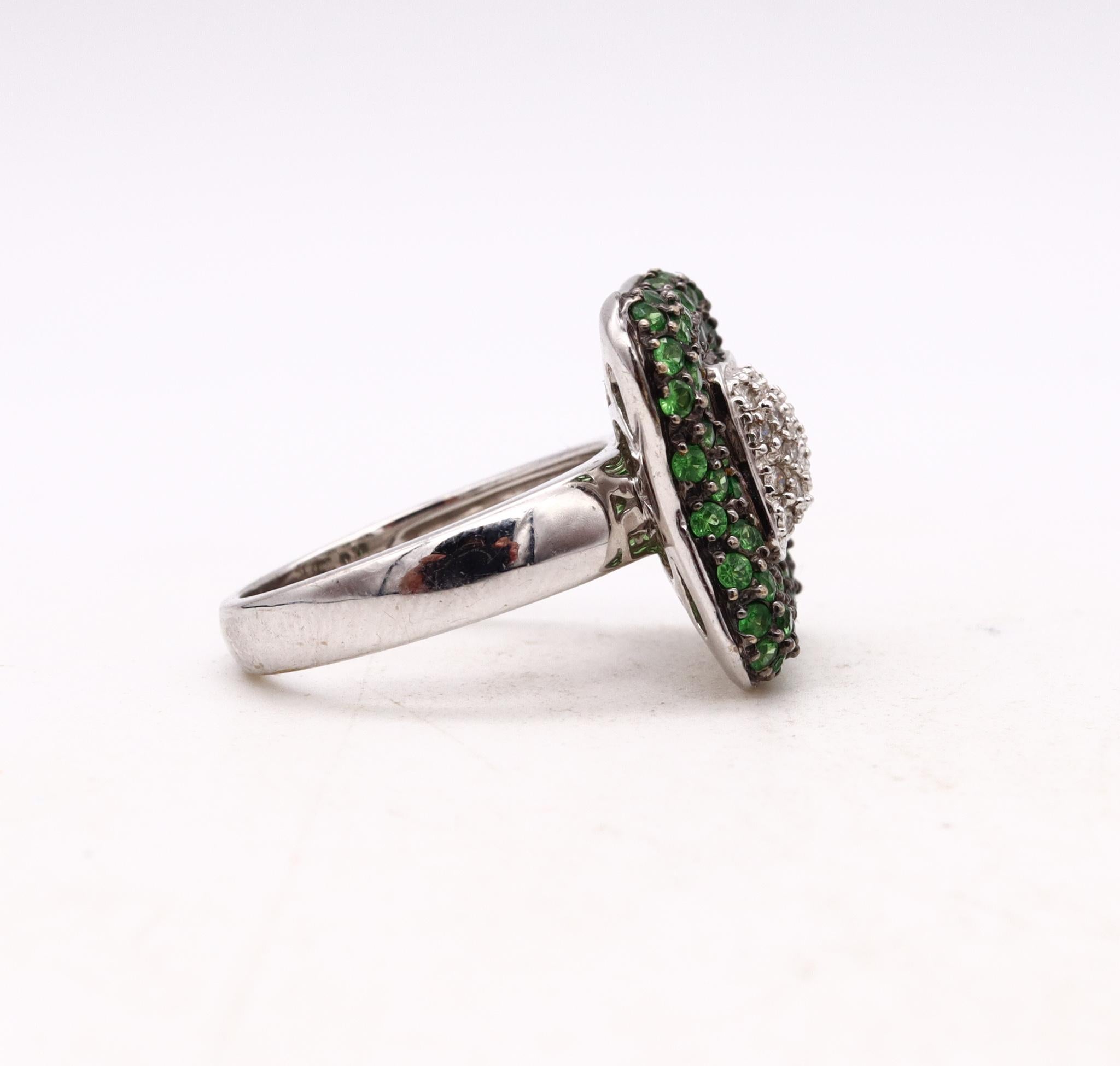 Women's Modern Italian Ring in 18kt White Gold with 1.71cts in Diamonds and Tsavorites For Sale