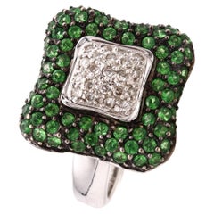 Modern Italian Ring in 18kt White Gold with 1.71cts in Diamonds and Tsavorites