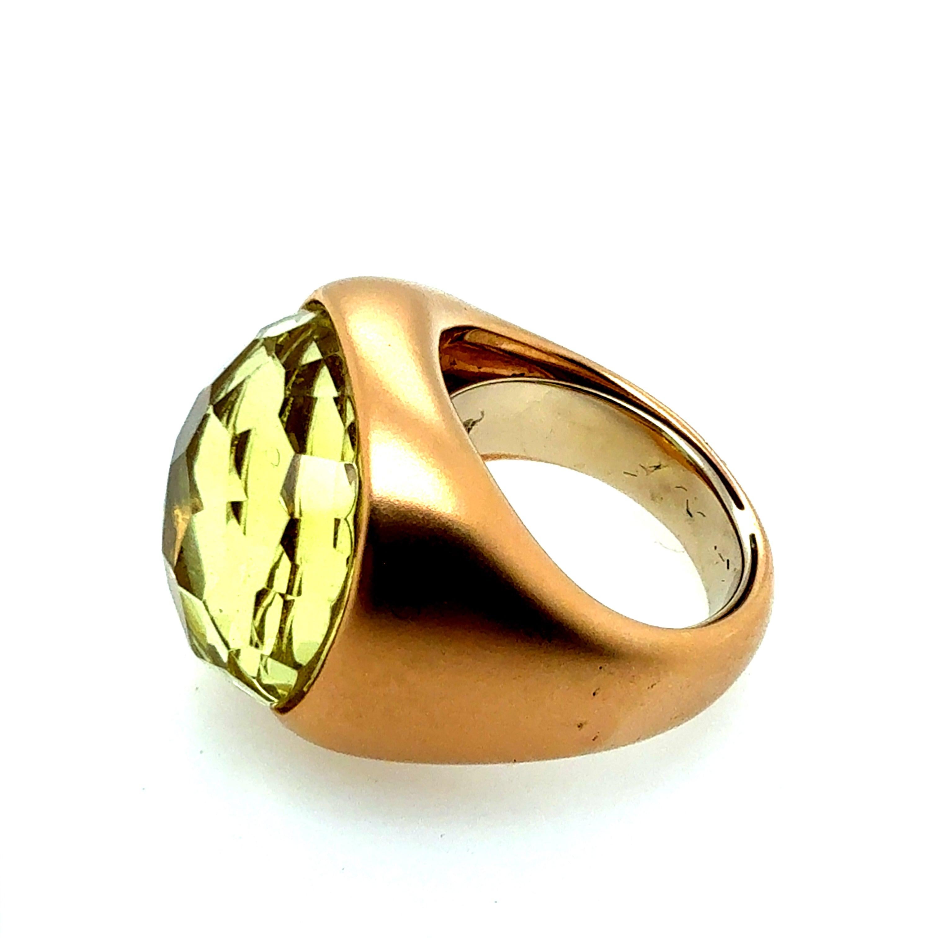 Women's Modern Italian Rose Gold Satin Finish Rose Cut Greenish Quartz Statement Ring For Sale