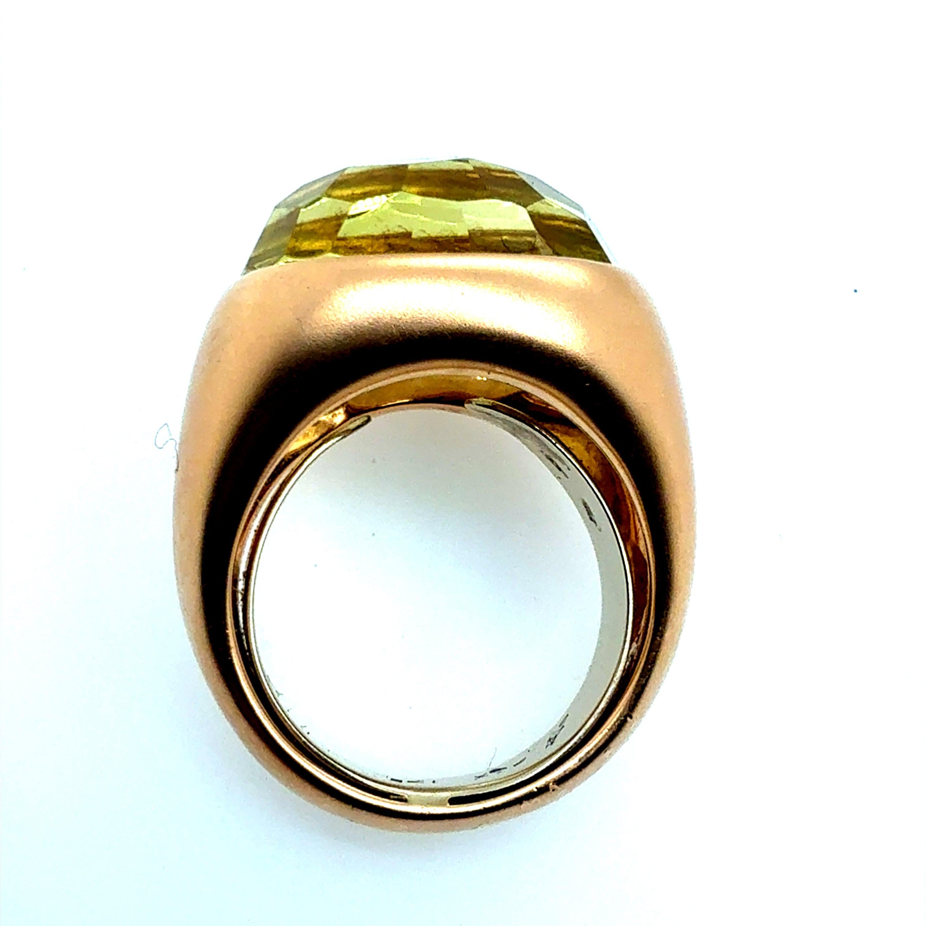 Modern Italian Rose Gold Satin Finish Rose Cut Greenish Quartz Statement Ring For Sale 2