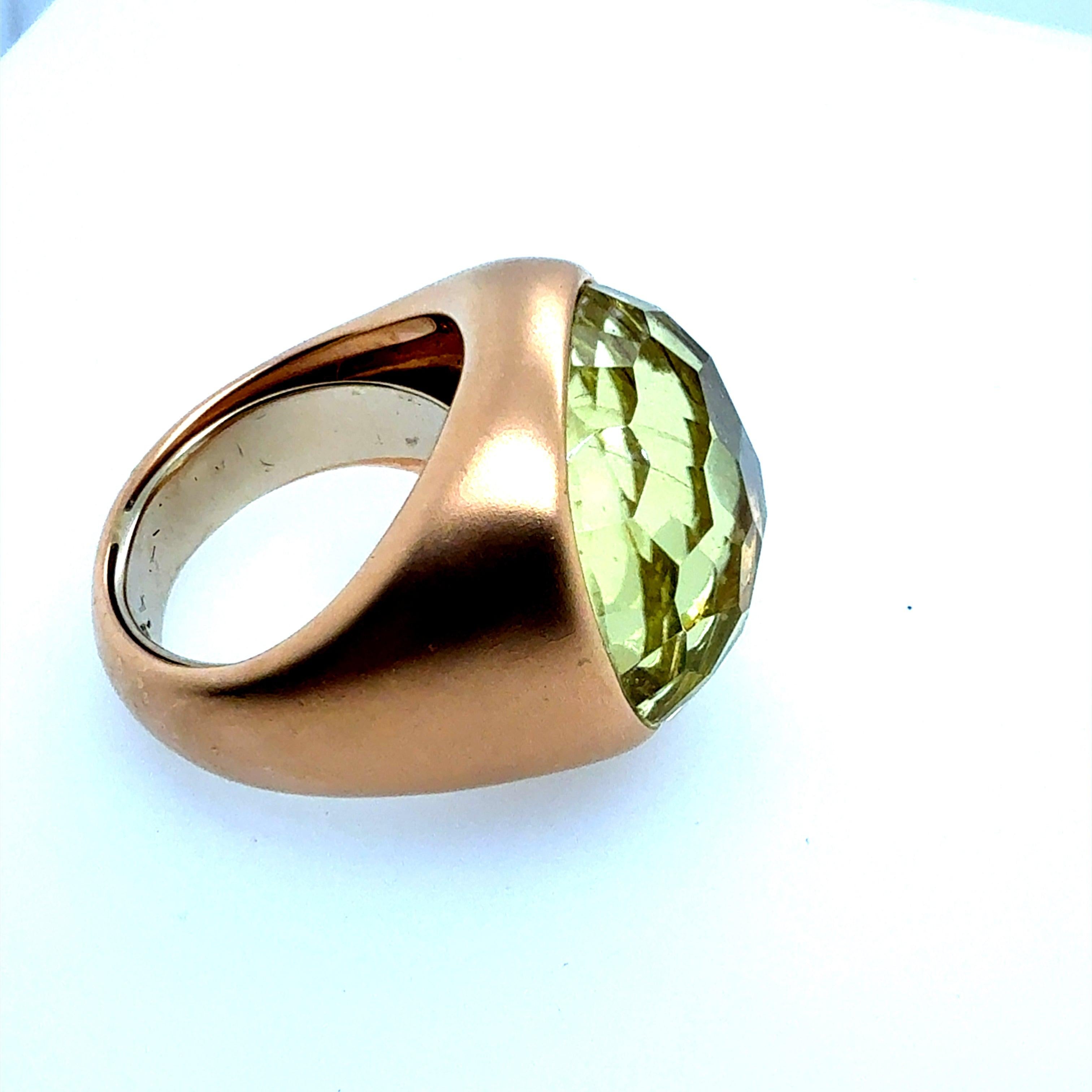 Modern Italian Rose Gold Satin Finish Rose Cut Greenish Quartz Statement Ring For Sale 3