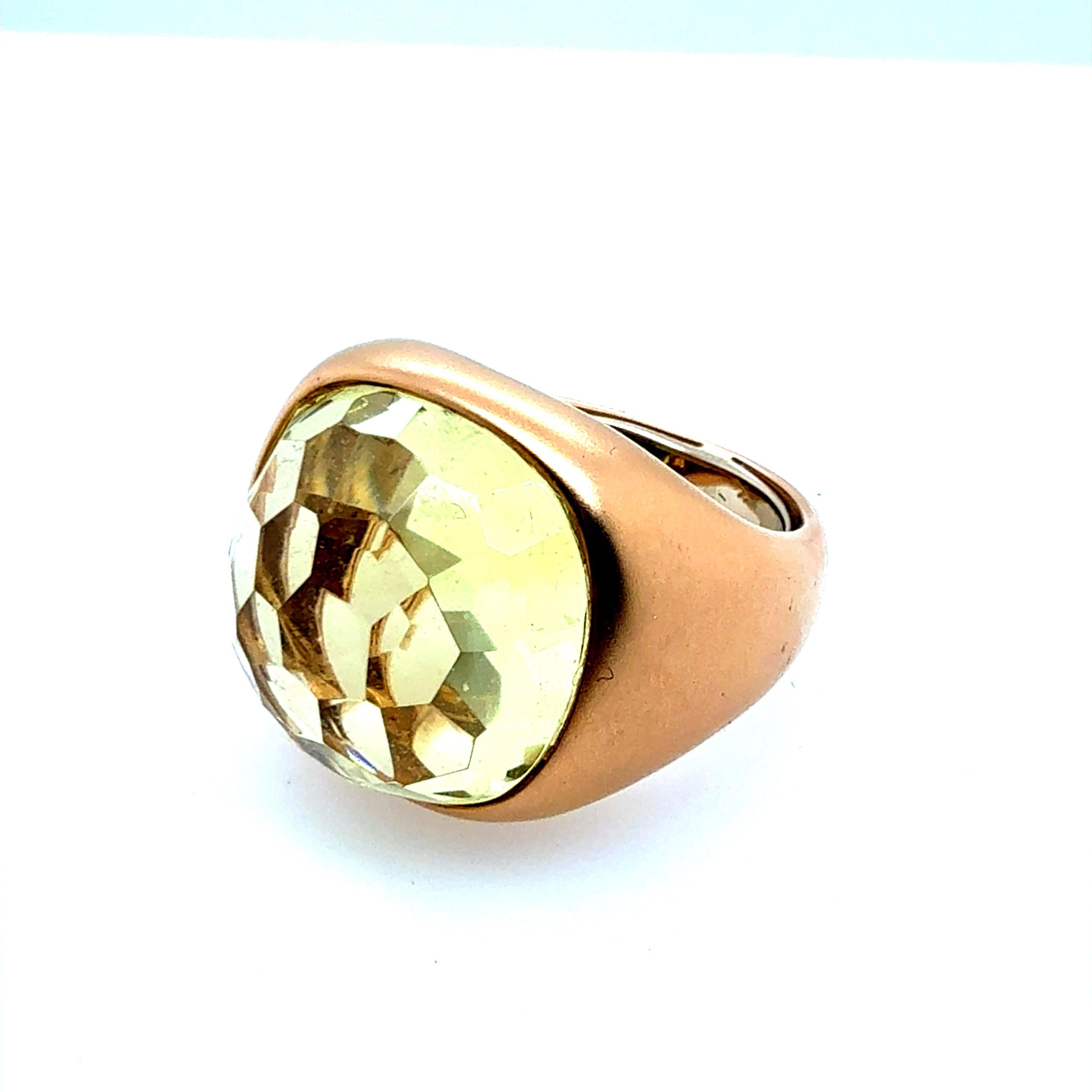 Modern Italian Rose Gold Satin Finish Rose Cut Greenish Quartz Statement Ring For Sale 4