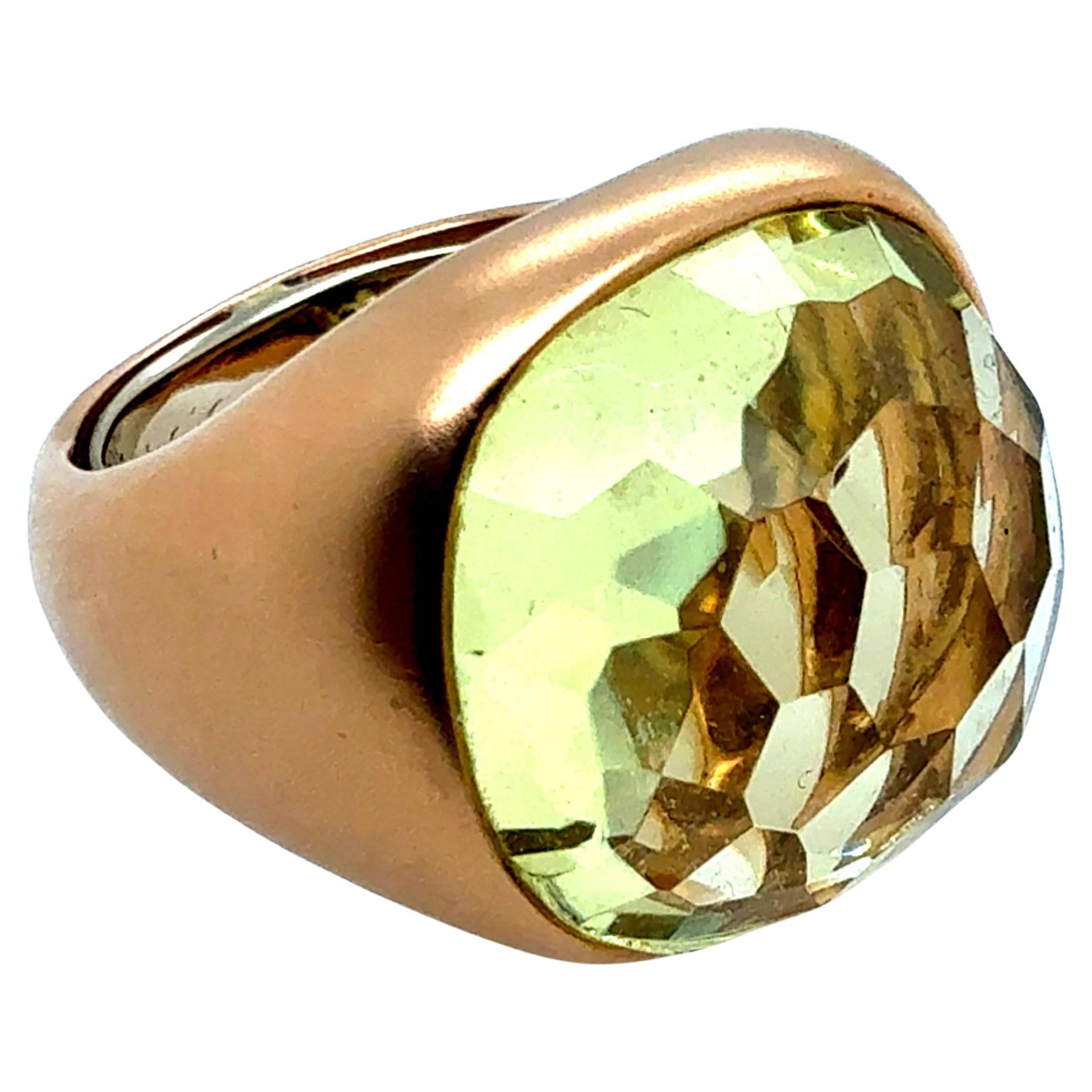Modern Italian Rose Gold Satin Finish Rose Cut Greenish Quartz Statement Ring For Sale