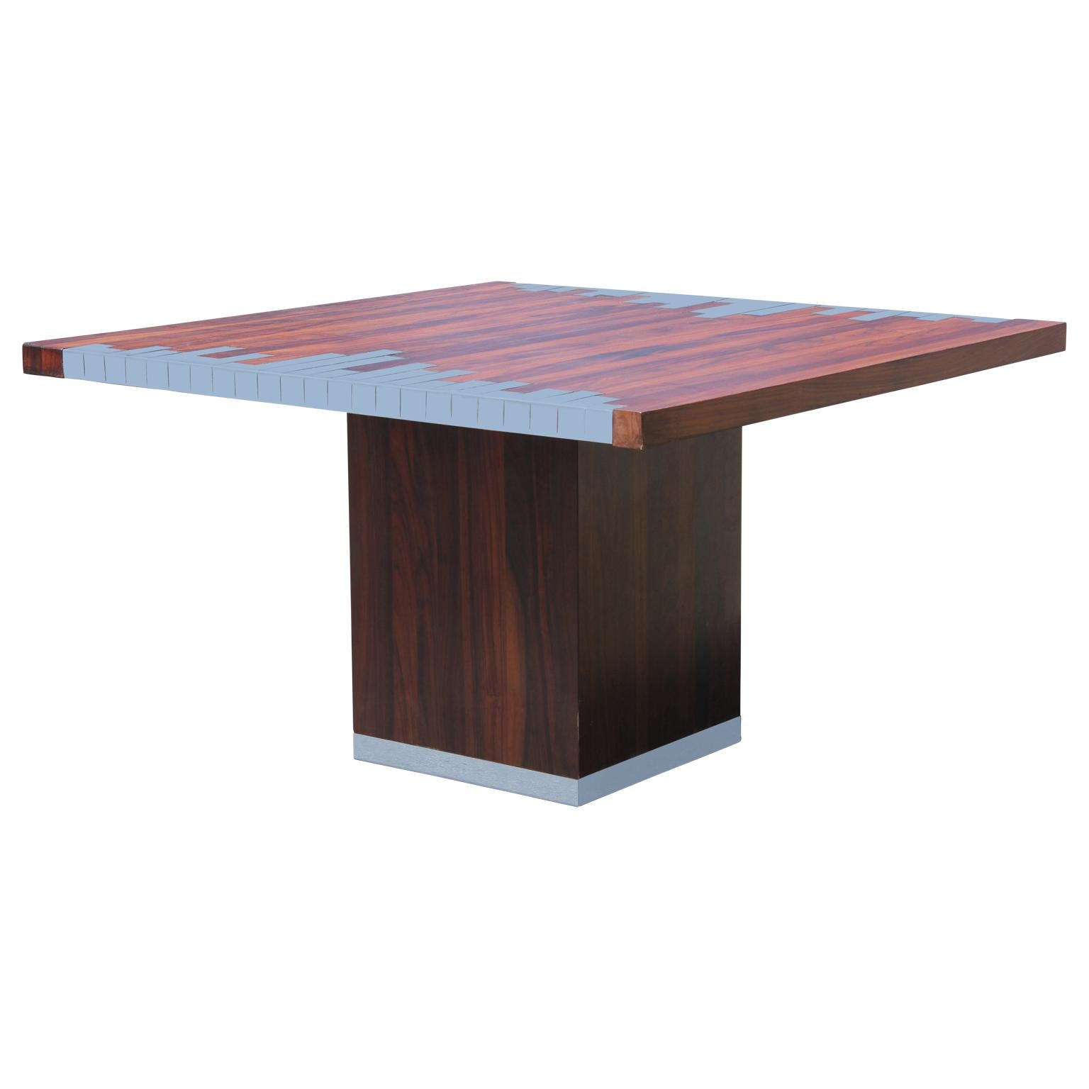 Mid-Century Modern Modern Italian Rosewood Square Pedestal Dining Table with Geometric Chrome Inlay