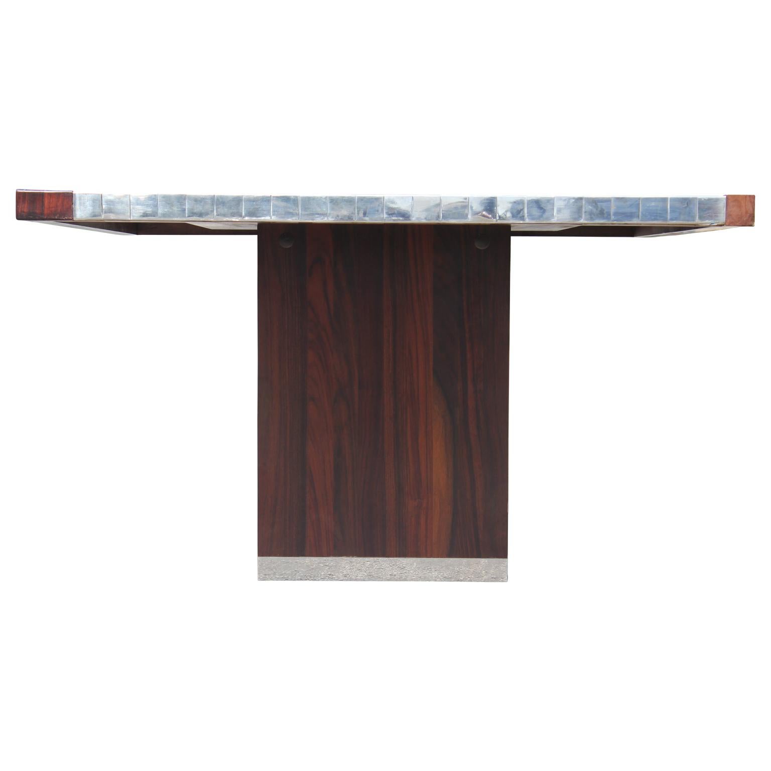Modern Italian Rosewood Square Pedestal Dining Table with Geometric Chrome Inlay In Excellent Condition In Houston, TX