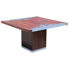 Modern Italian Rosewood Square Pedestal Dining Table with Geometric Chrome Inlay