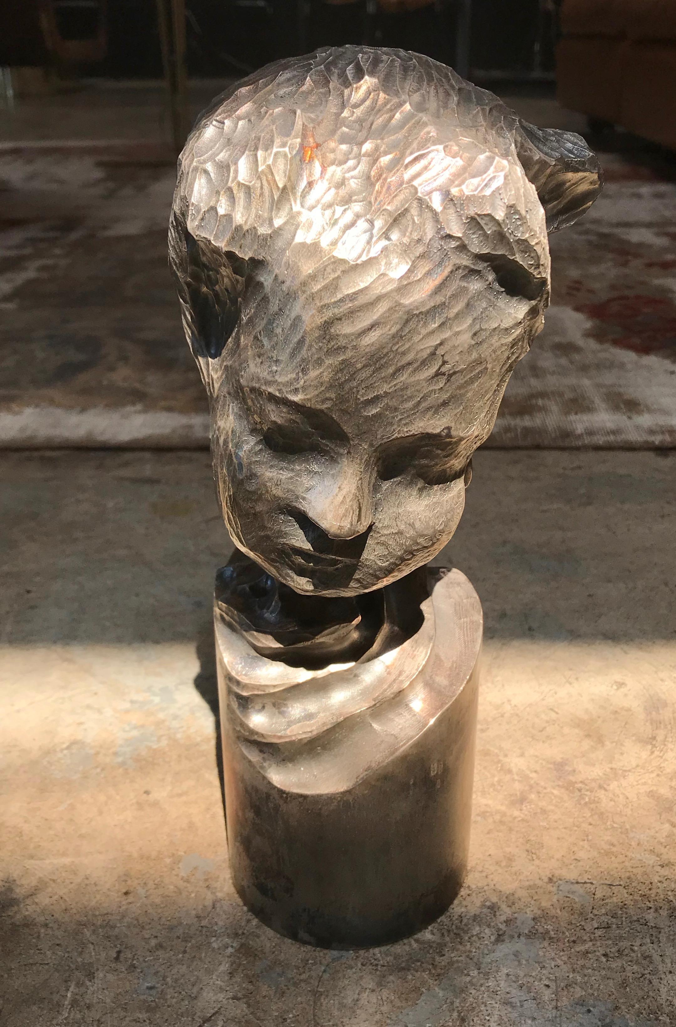 Hand-Crafted Modern Italian Sculpture Sterling Silver Child Portrait, 1970s
