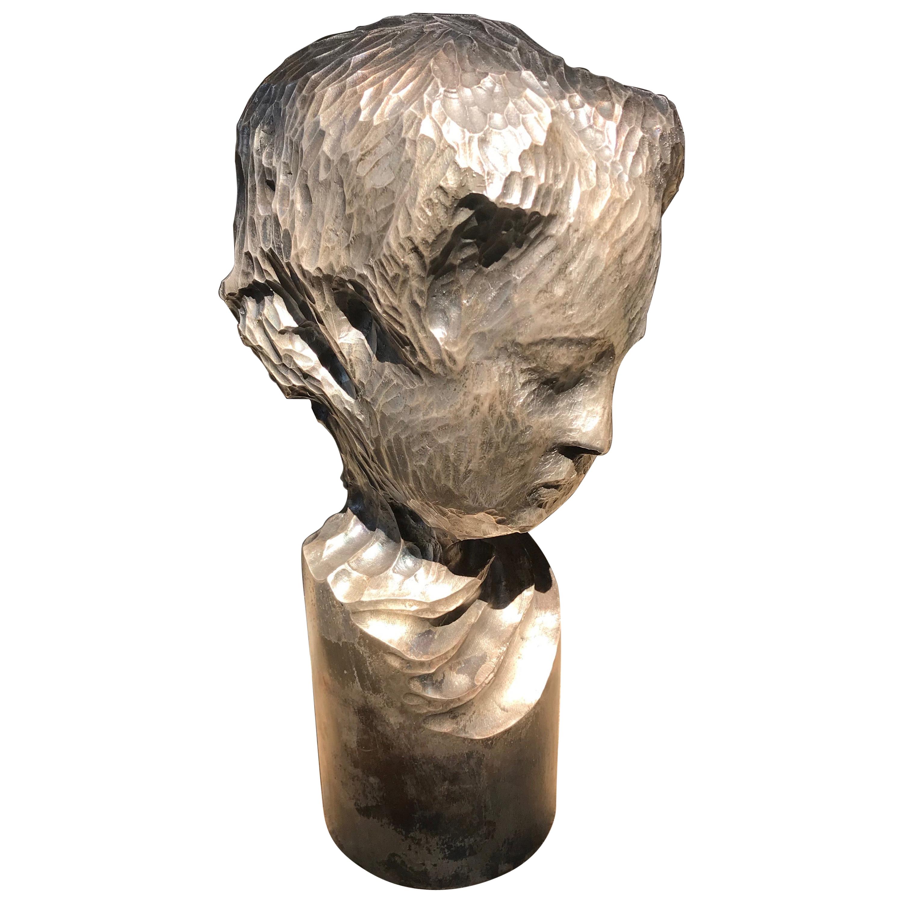 Modern Italian Sculpture Sterling Silver Child Portrait, 1970s