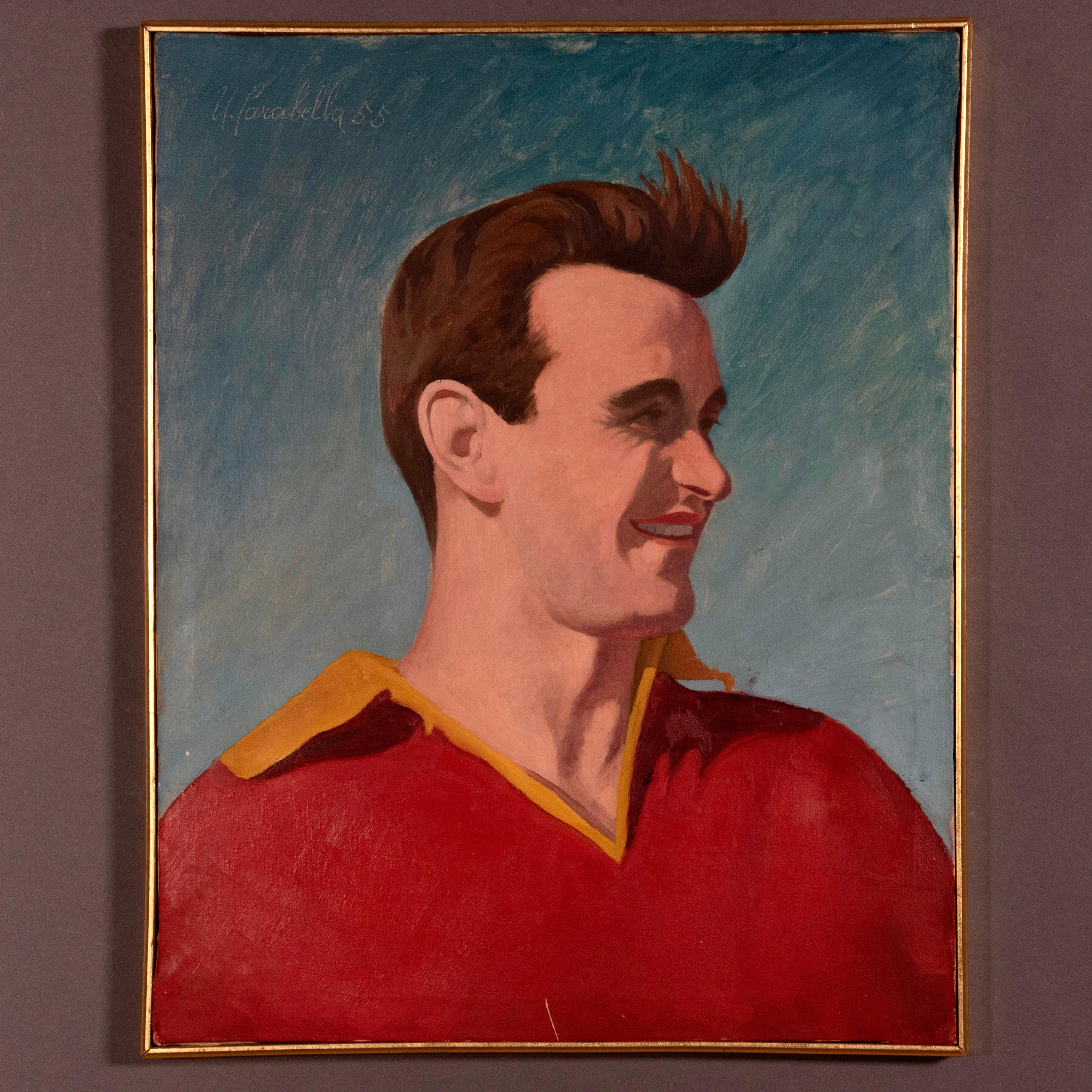 Wirklich beeindruckendes Ölgemälde auf Leinwand von dem großen modernen italienischen Künstler Umberto Carabella (Paliano, Frosinone 1912-1956).
Dies ist ein intensives Porträt des großen Fußballspielers Giancarlo 'Carlo' Galli, der wegen seiner