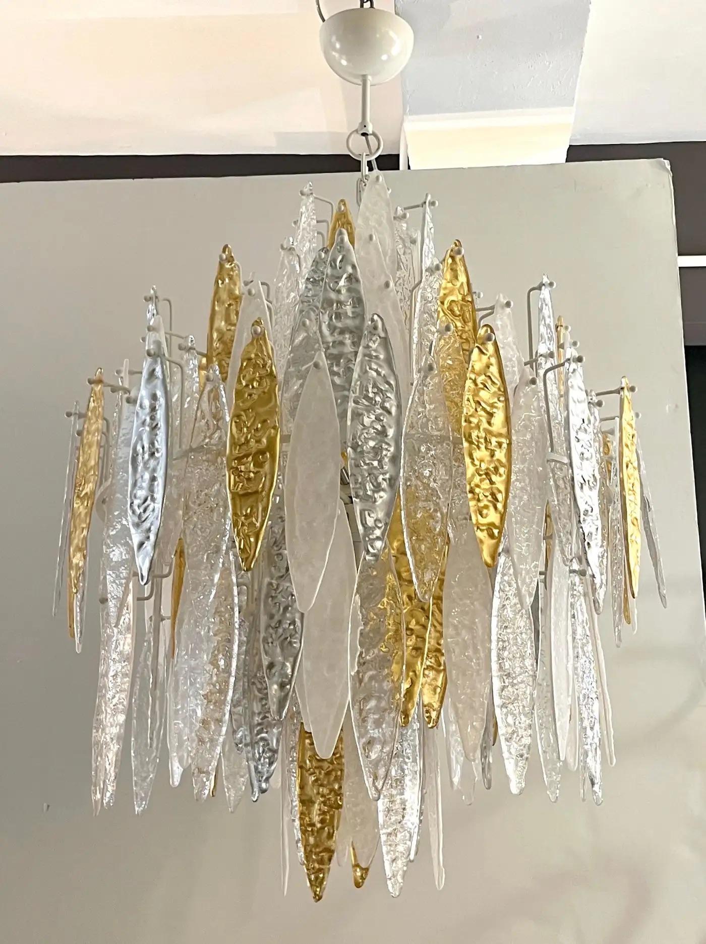 Modern Italian Silver Gold Frosted White Crystal Murano Glass Icicle Chandelier For Sale 5