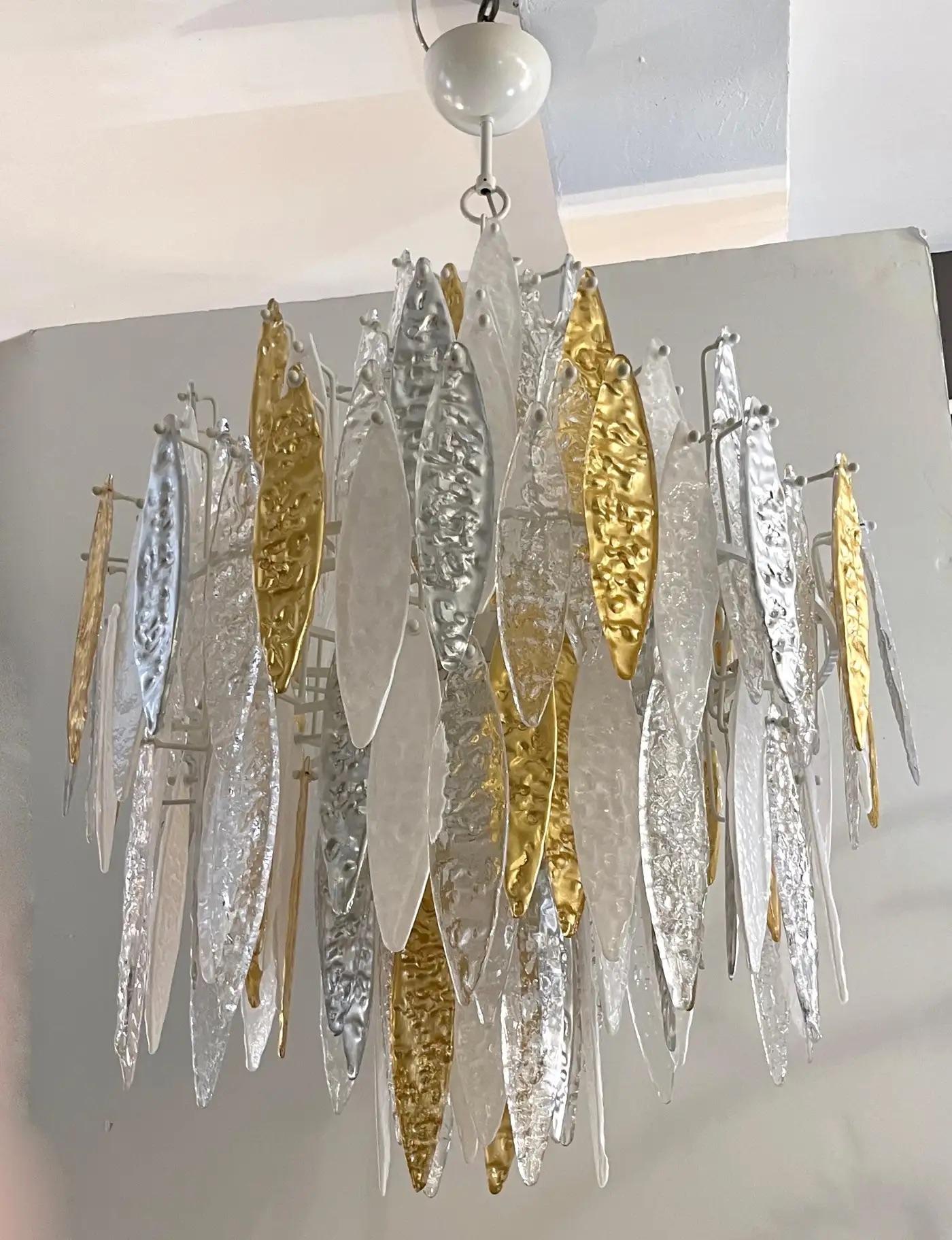 Modern Italian Silver Gold Frosted White Crystal Murano Glass Icicle Chandelier For Sale 9
