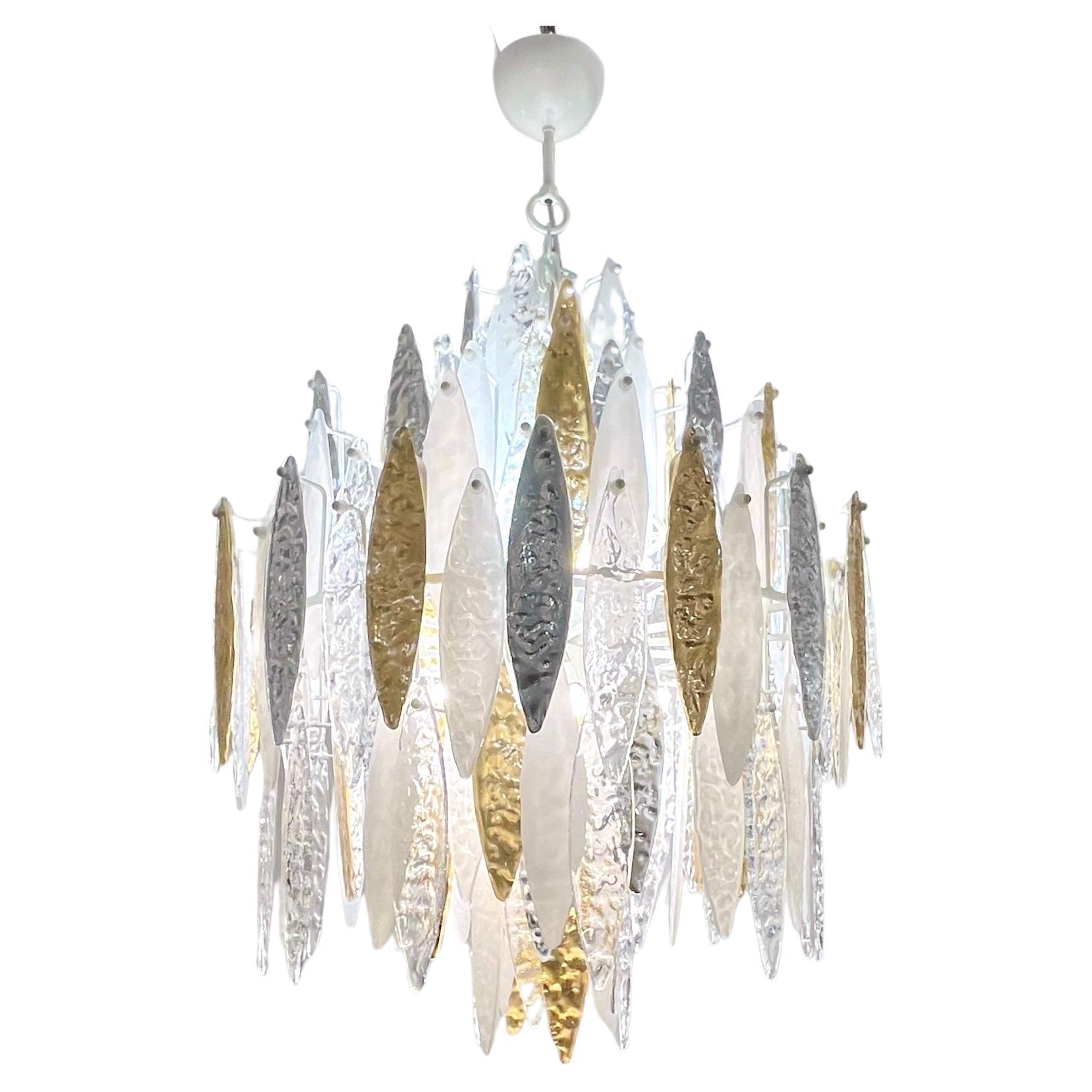 Lampadario moderno italiano in argento, oro, cristallo bianco satinato, vetro di Murano, Iciclo in vendita 9