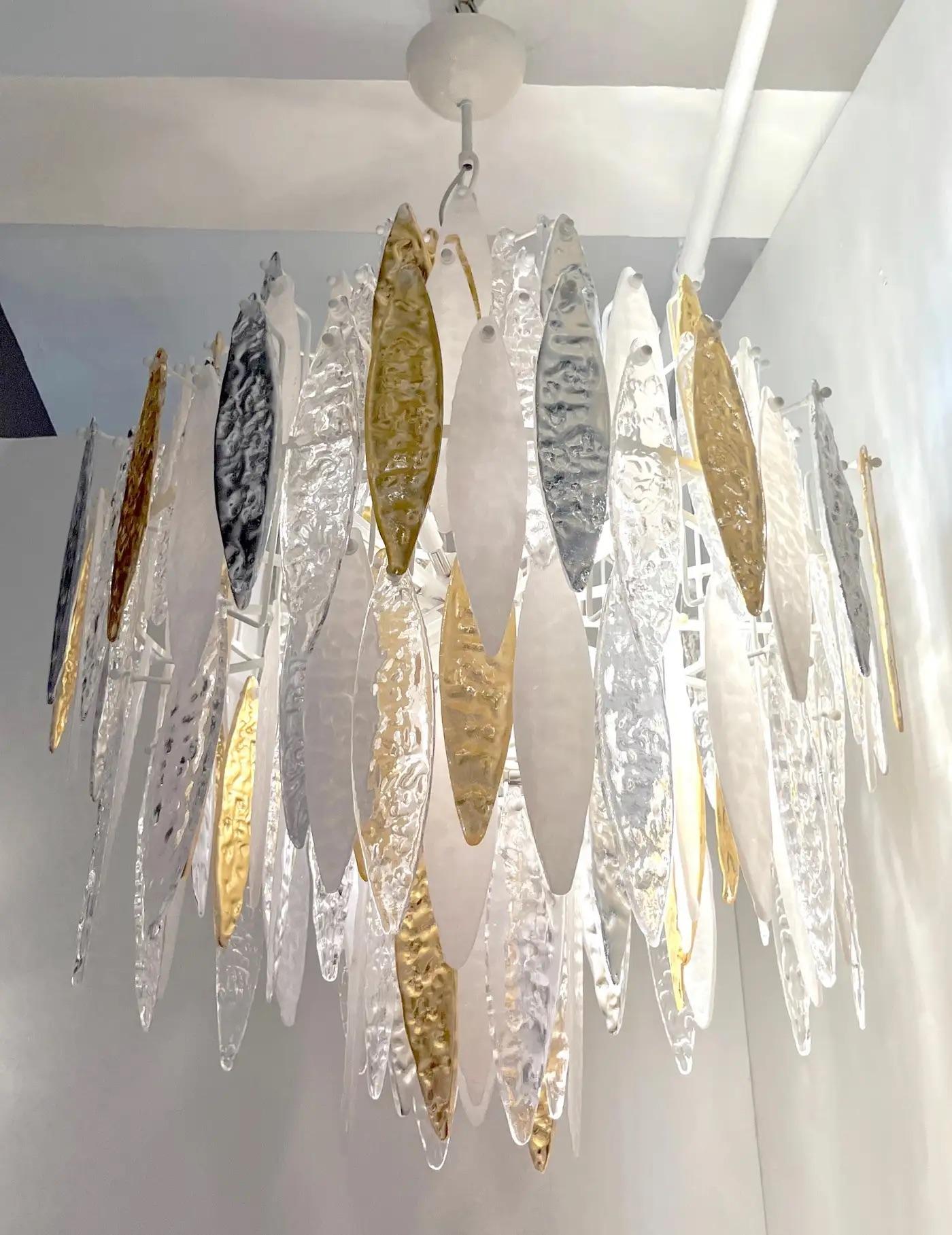 Organic Modern Modern Italian Silver Gold Frosted White Crystal Murano Glass Icicle Chandelier For Sale