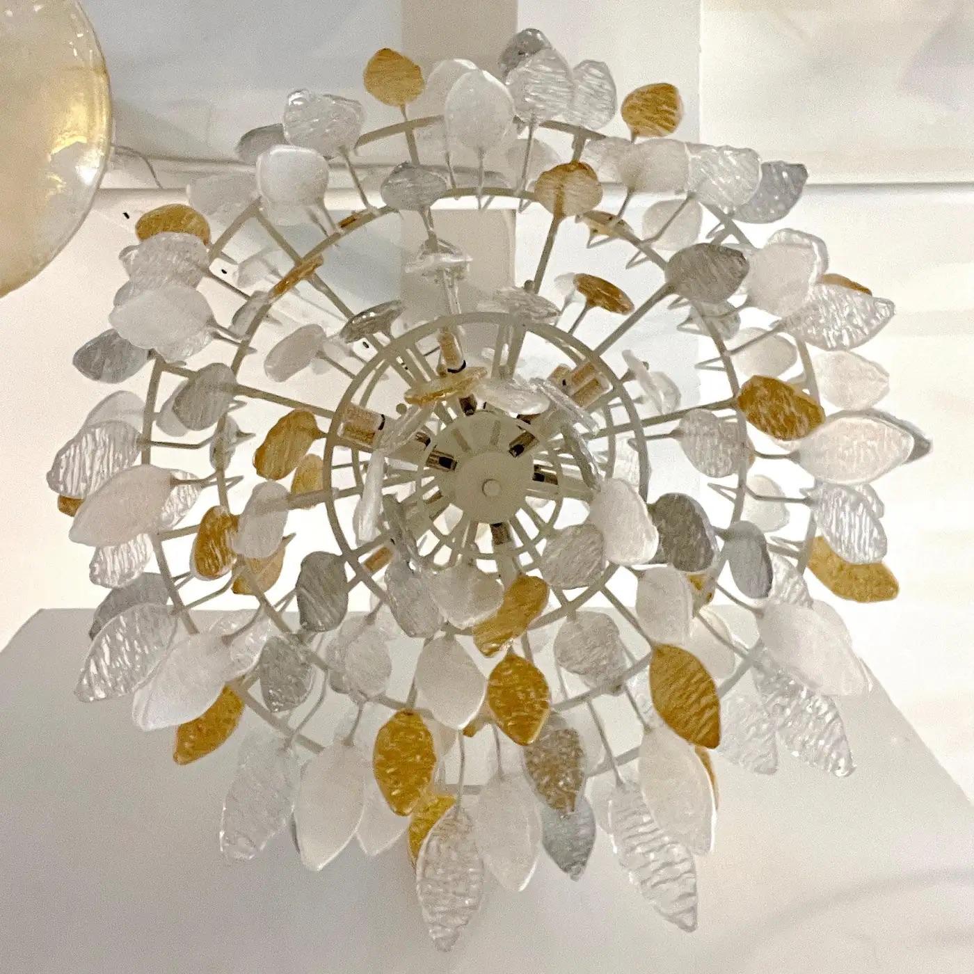 Hand-Painted Modern Italian Silver Gold Frosted White Crystal Murano Glass Icicle Chandelier For Sale