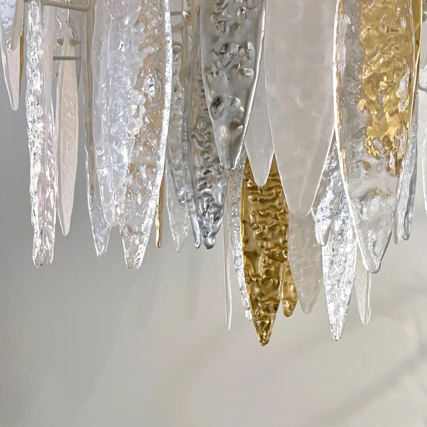 Contemporary Modern Italian Silver Gold Frosted White Crystal Murano Glass Icicle Chandelier For Sale