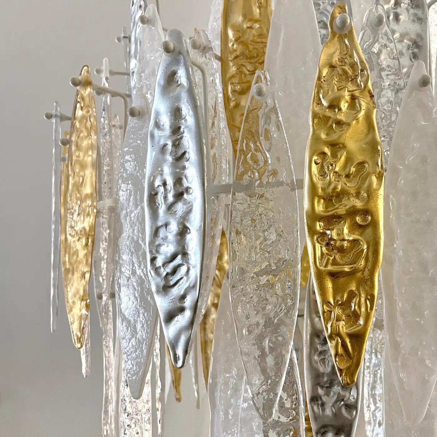 Metal Modern Italian Silver Gold Frosted White Crystal Murano Glass Icicle Chandelier For Sale