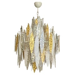 Modern Italian Silver Gold Frosted White Crystal Murano Glass Icicle Chandelier