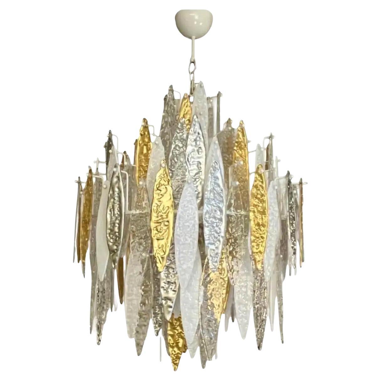 Modern Italian Silver Gold Frosted White Crystal Murano Glass Icicle Chandelier For Sale
