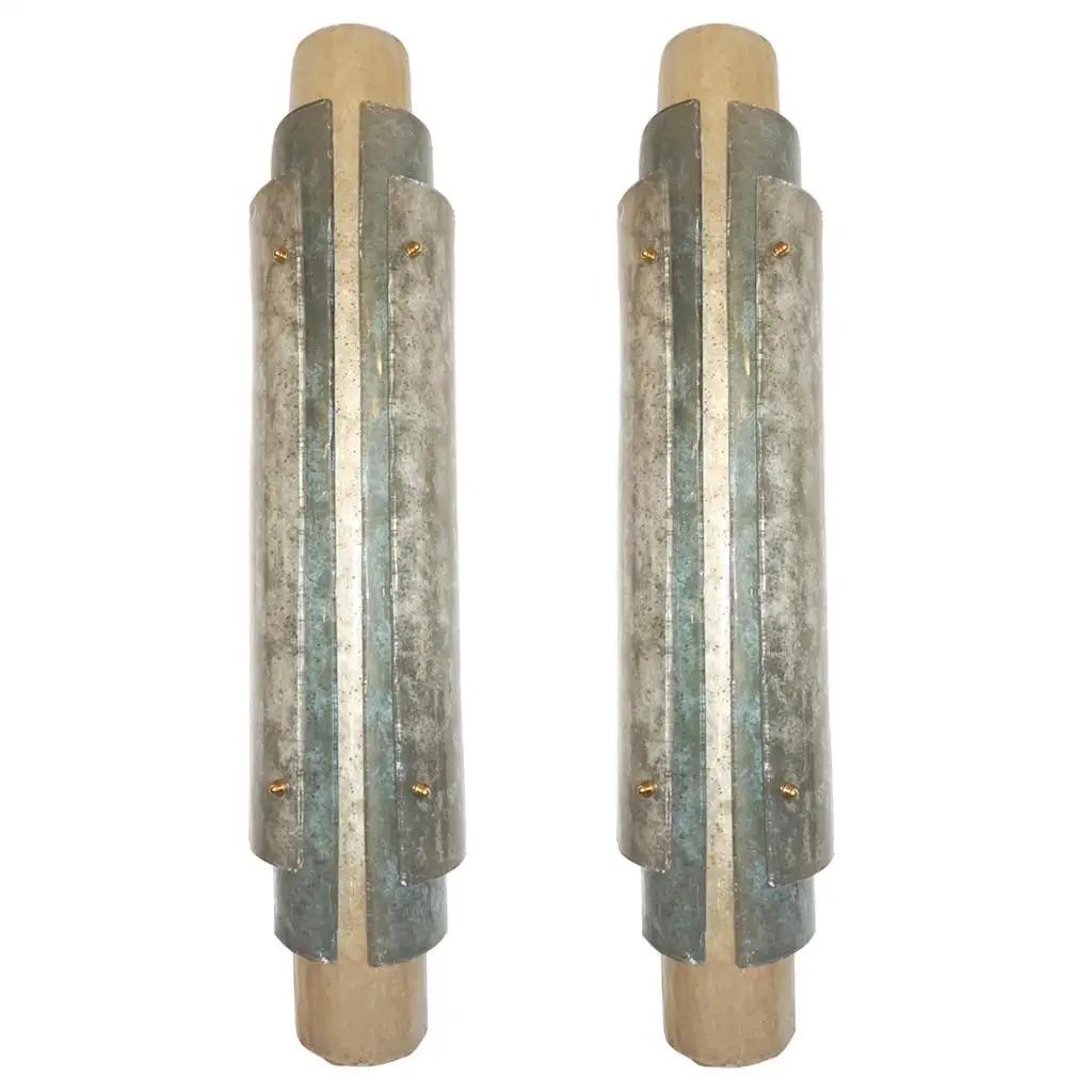Modern Italian Tall Layered Wall Light in White Blue Gray Frosted Murano Glass For Sale 6