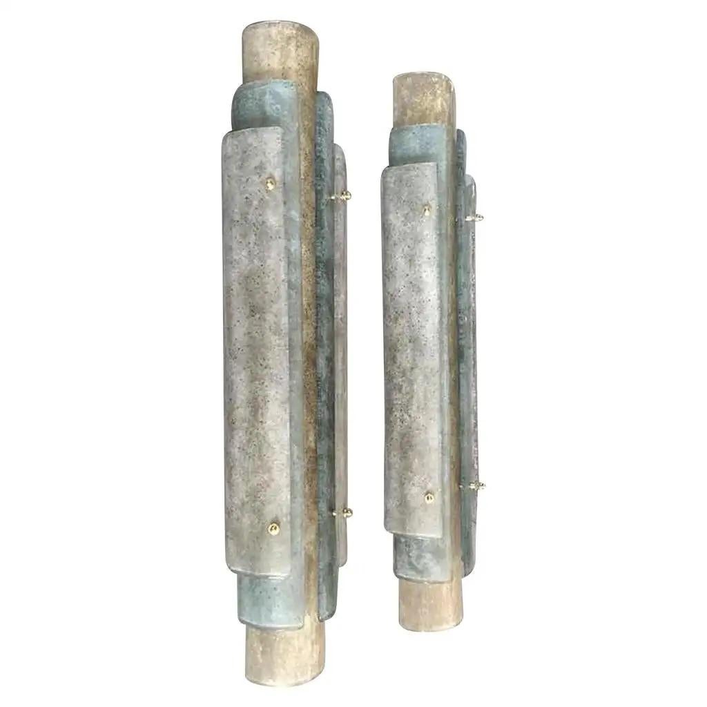 Metal Modern Italian Tall Layered Wall Light in White Blue Gray Frosted Murano Glass For Sale