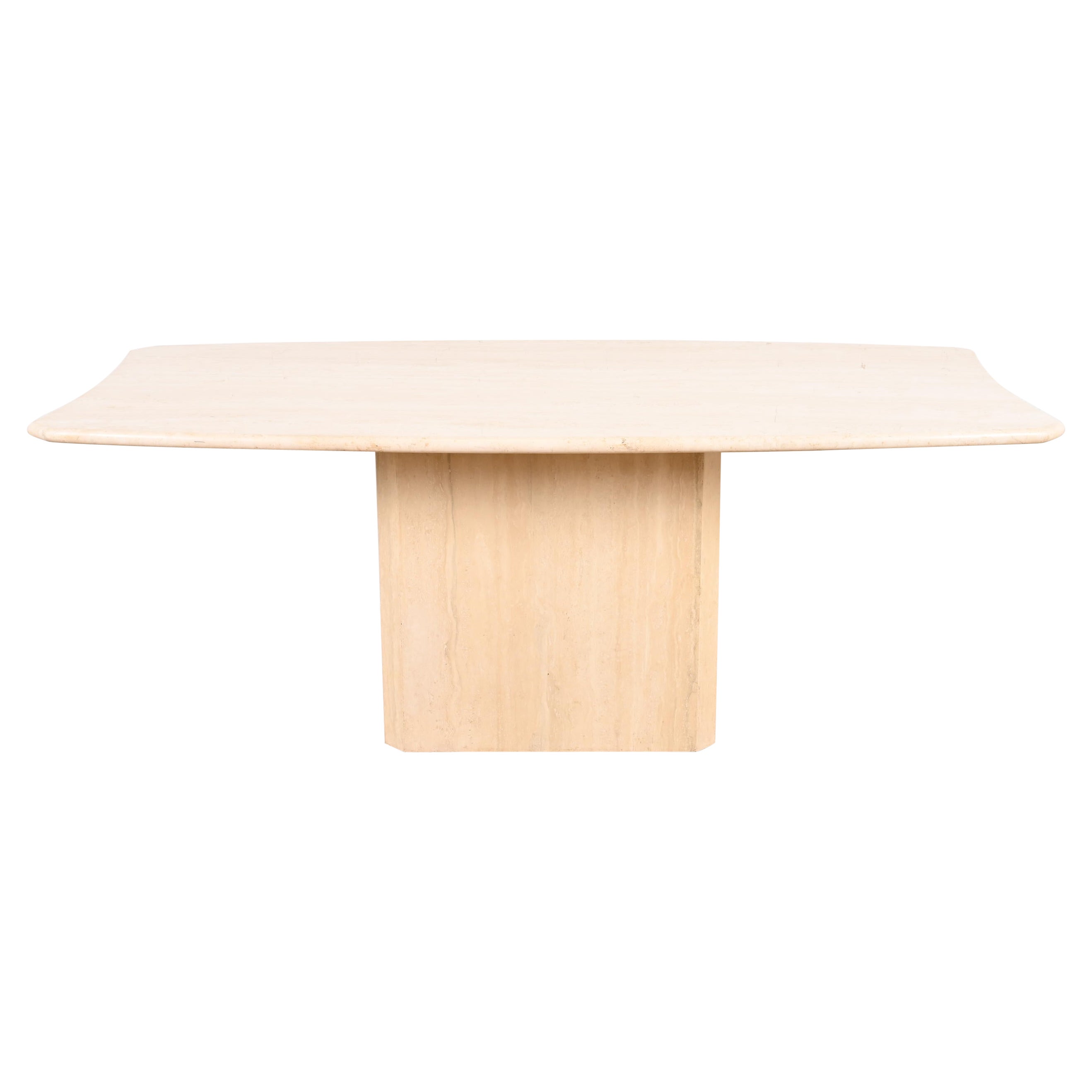 Mesa de comedor moderna italiana de travertino con pedestal, circa años 70