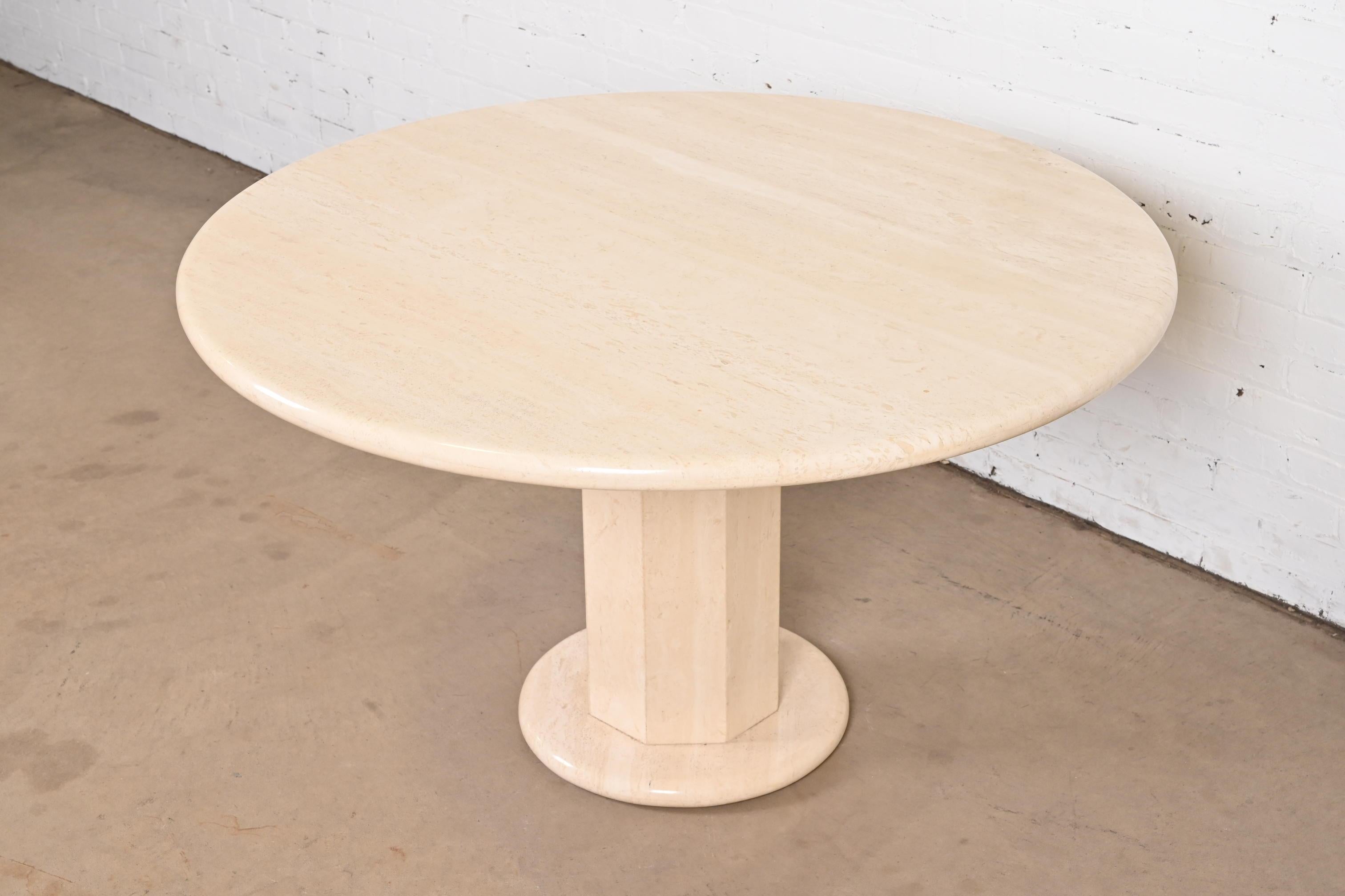 Modern Italian Travertine Round Pedestal Dining or Center Table by Ello, 1970s In Good Condition For Sale In South Bend, IN