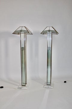 Modern Italian Vintage Marble Glass Metal Floor Lamps Duo Pair Poliarte 1980s