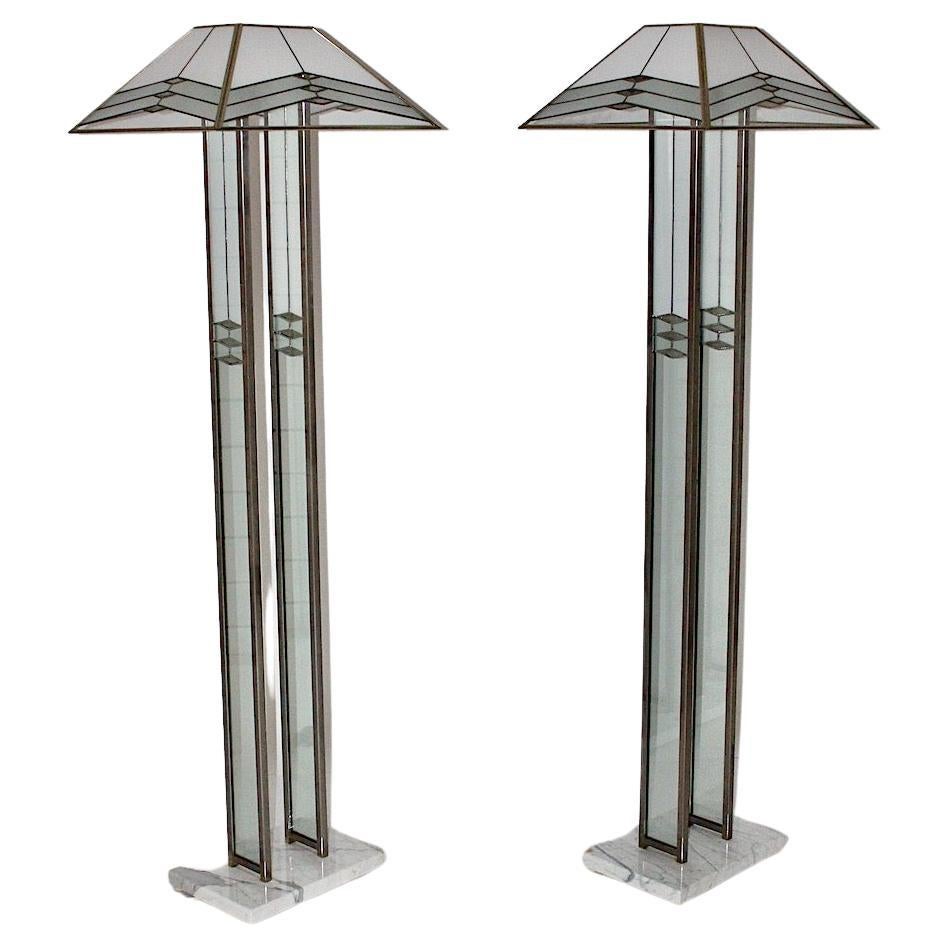 Modern Italian Vintage Marble Glass Metal Floor Lamps Duo Pair Poliarte 1980s For Sale