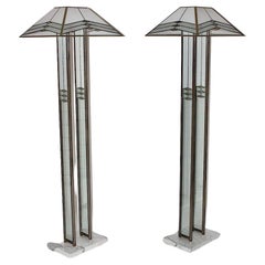 Modern Italian Retro Marble Glass Metal Floor Lamps Duo Pair Poliarte 1980s