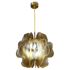 Modern Italian Wavy Beige Textured Murano Glass Satin Brass Pendant/Chandelier