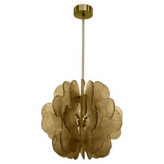 Modern Italian Wavy Beige Textured Murano Glass Satin Brass Pendant/Chandelier