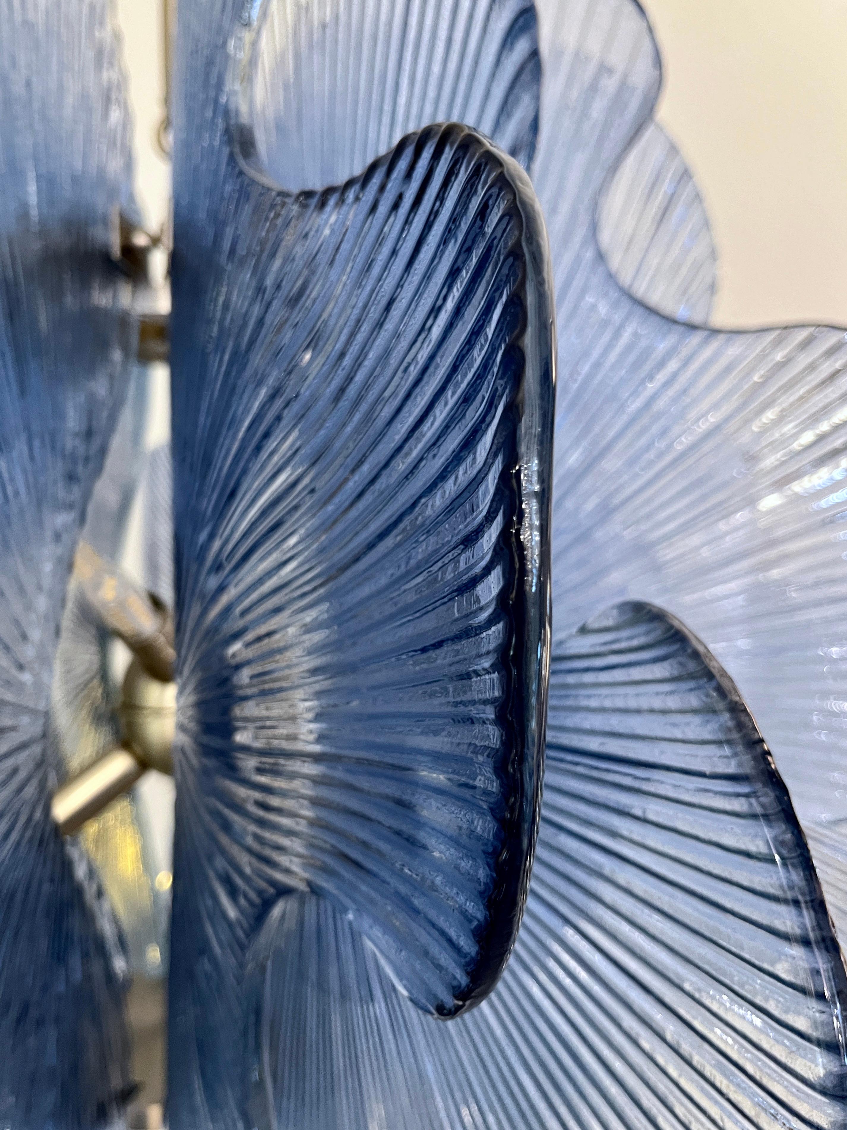 Modern Italian Wavy Blue Textured Murano Glass Satin Nickel Pendant/Chandelier For Sale 3