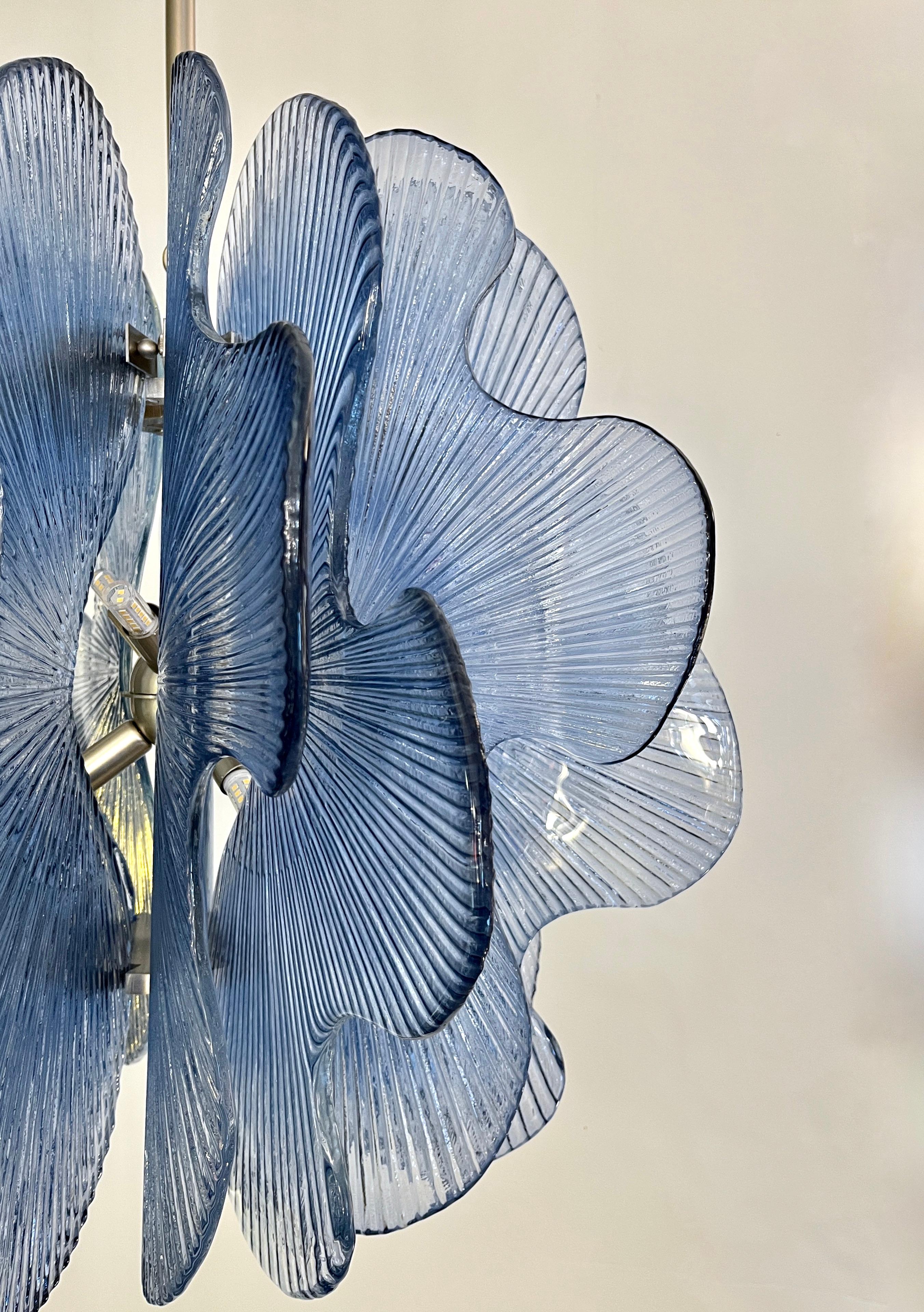 Modern Italian Wavy Blue Textured Murano Glass Satin Nickel Pendant/Chandelier For Sale 4