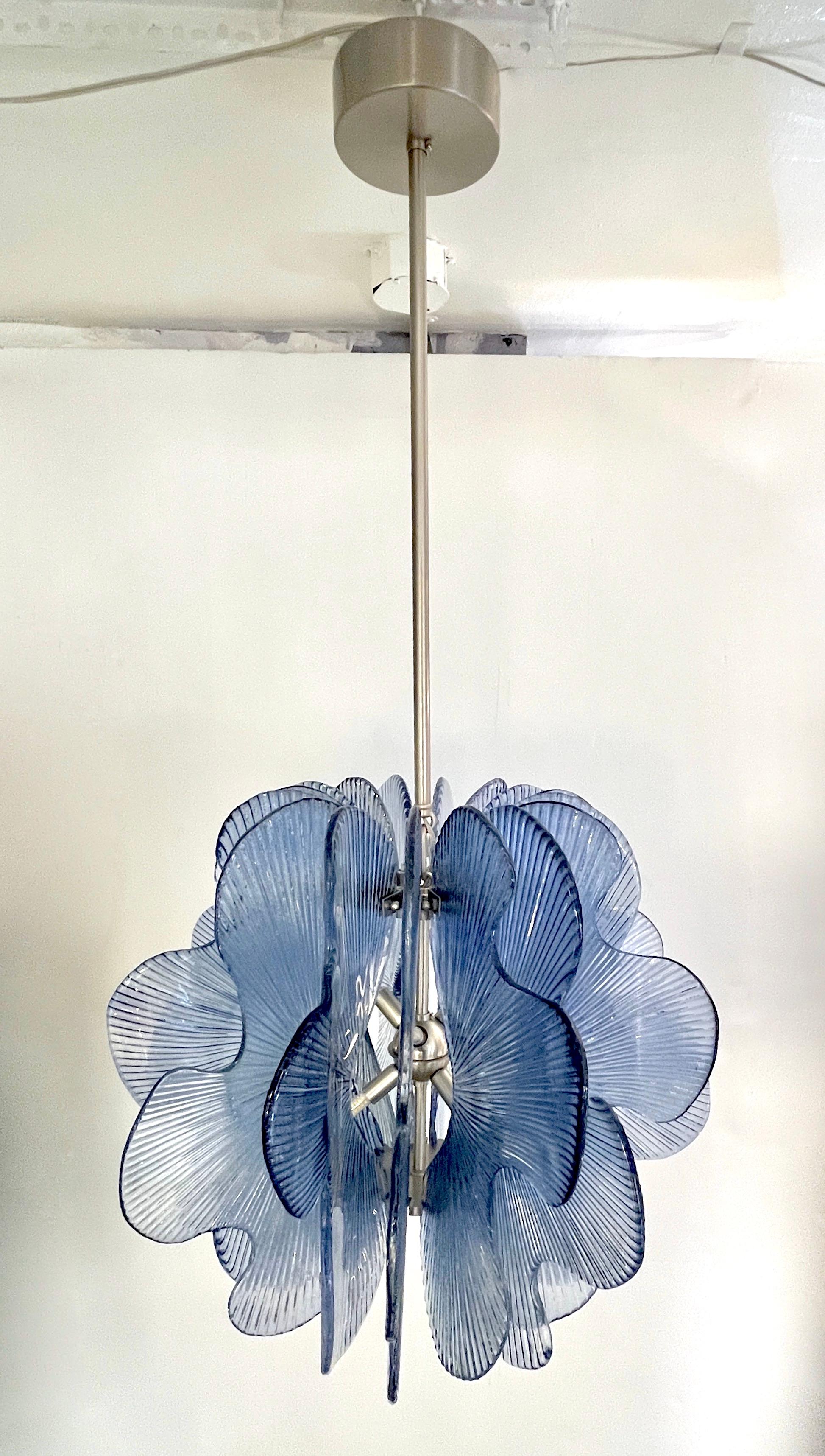 Modern Italian Wavy Blue Textured Murano Glass Satin Nickel Pendant/Chandelier For Sale 5