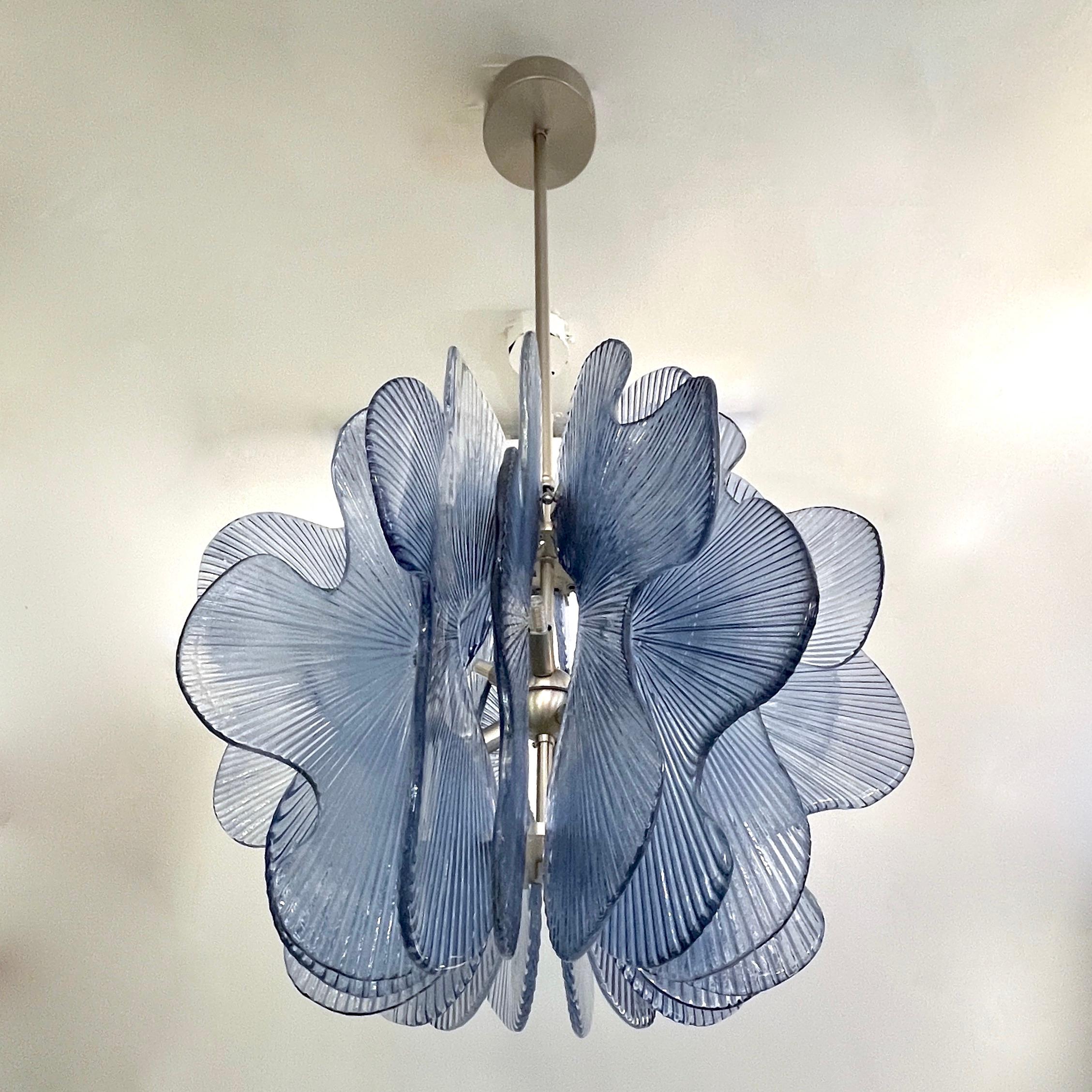 Modern Italian Wavy Blue Textured Murano Glass Satin Nickel Pendant/Chandelier For Sale 7