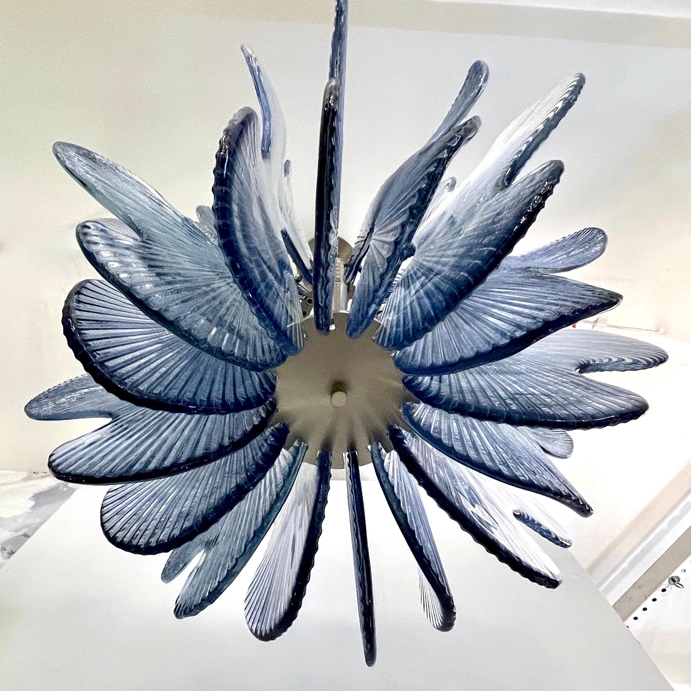 Modern Italian Wavy Blue Textured Murano Glass Satin Nickel Pendant/Chandelier For Sale 9